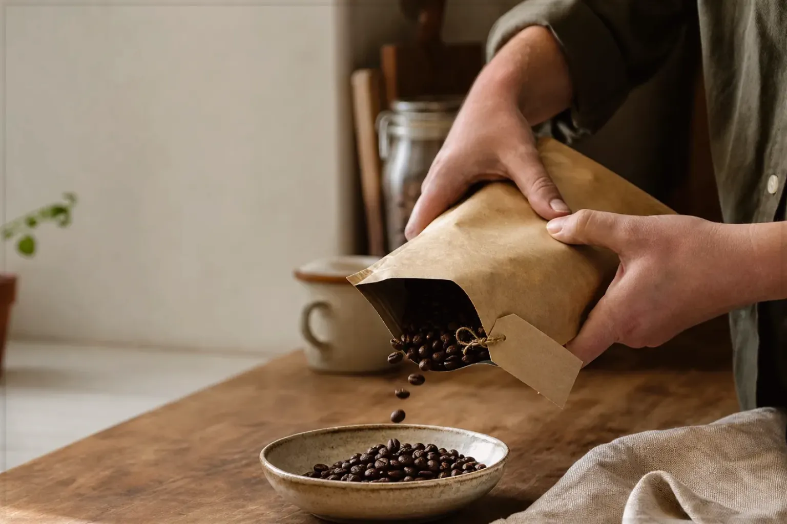 Hände füllen frisch geröstete Kaffeebohnen aus einer Papiertüte in eine Keramikschale – gezeigt für Für Einsteiger im Themenvergleich.
