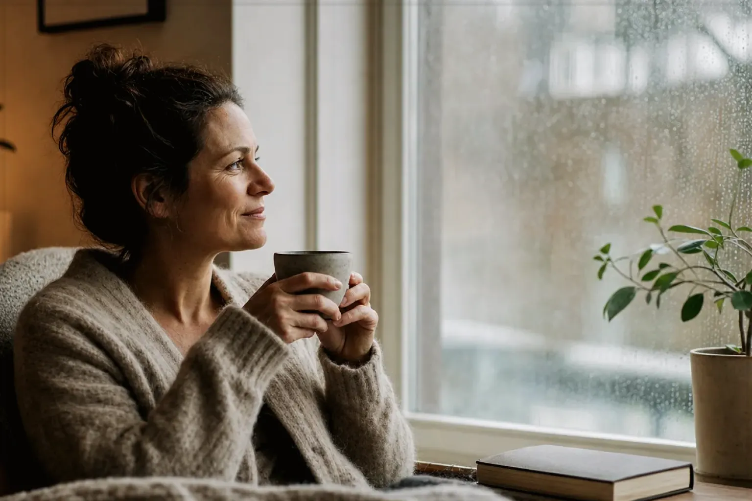 Eine Frau genießt an einem regnerischen Nachmittag ruhig eine Tasse Kaffee am Fenster – gezeigt für Für Einsteiger im Themenvergleich.