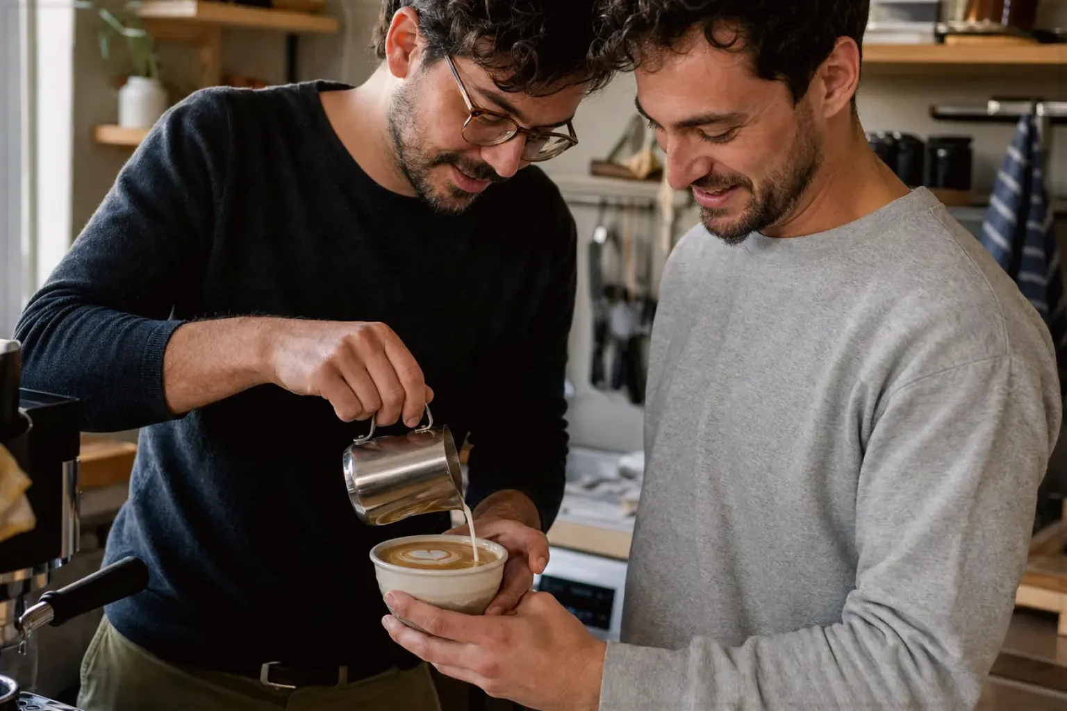 Zwei Freunde freuen sich in einer kleinen Küche über ihre gemeinsam gegossene Latte Art – gezeigt für Für Einsteiger im Themenvergleich.