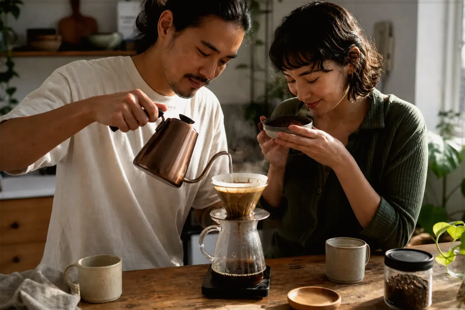 Zwei Menschen bereiten am Wochenende gemeinsam Filterkaffee mit einem Handfilter zu – gezeigt für Für Einsteiger im Themenvergleich.