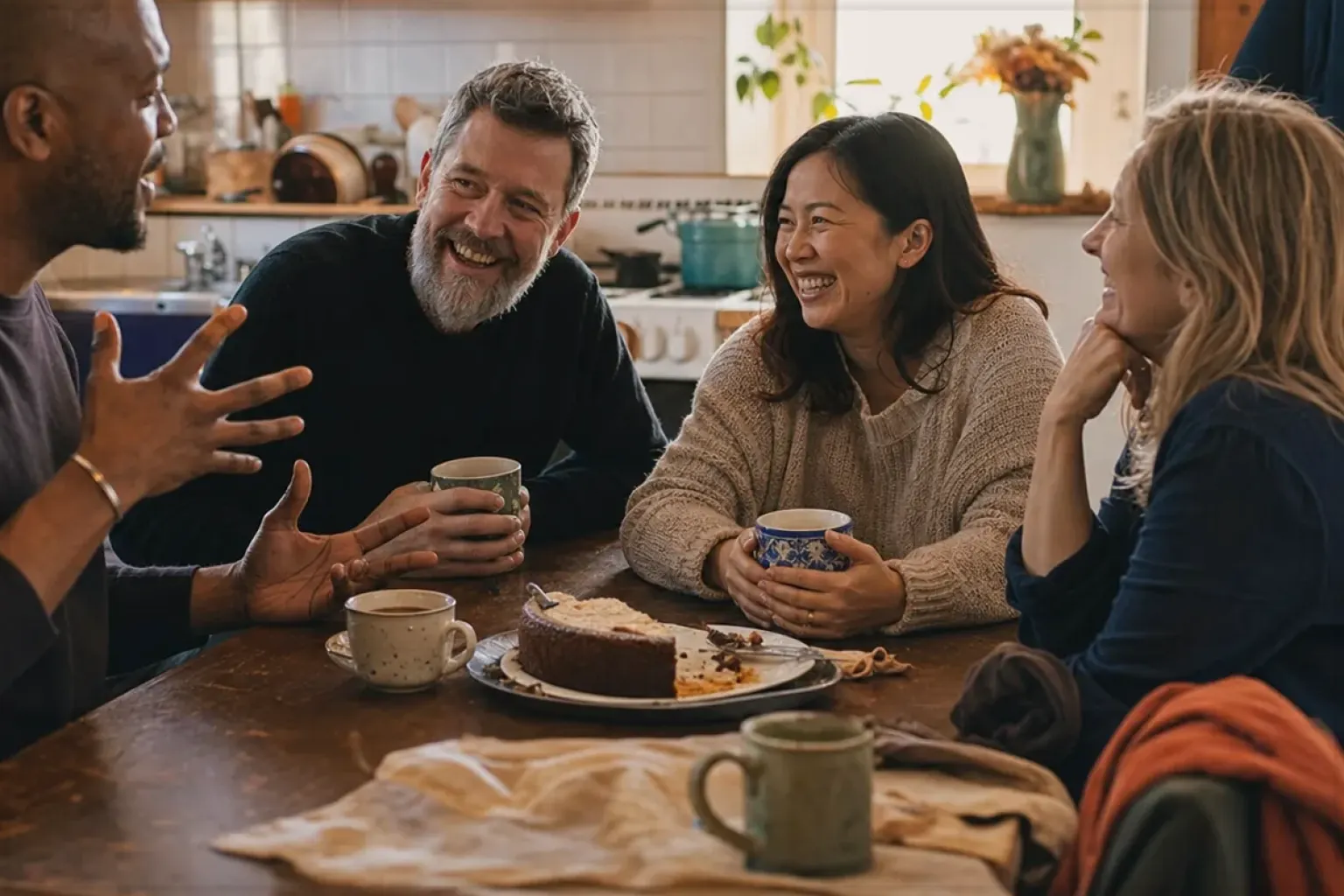 Vier erwachsene Freunde lachen gemeinsam bei Kaffee und selbst gebackenem Kuchen – gezeigt für Für Einsteiger im Themenvergleich.