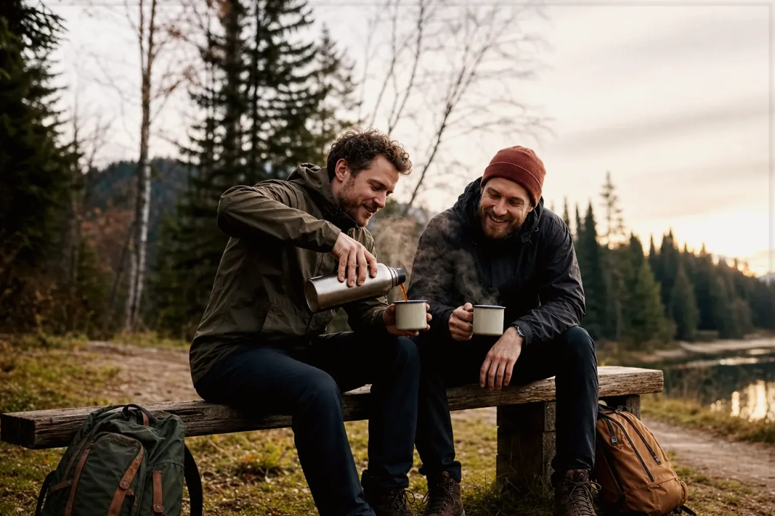 Zwei Freunde teilen auf einer Wanderung heißen Kaffee aus einer Thermoskanne am See – gezeigt für Für Einsteiger im Themenvergleich.