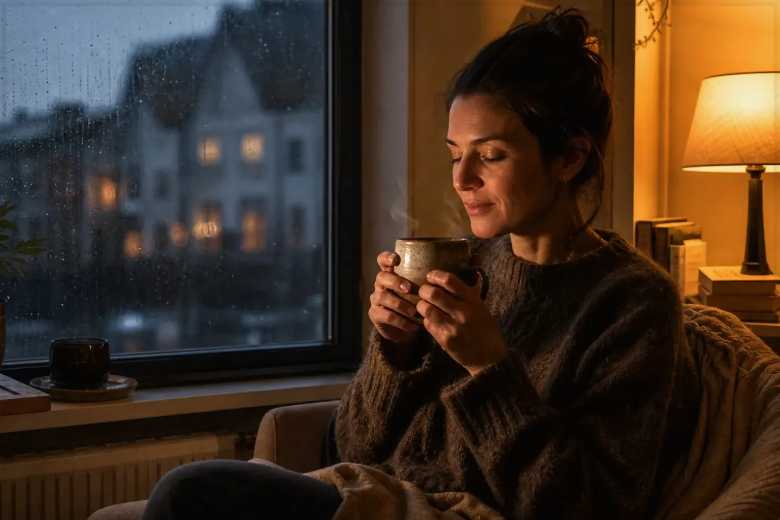 Eine Frau genießt an einem regnerischen Abend ruhig eine warme Tasse Kaffee am Fenster – gezeigt für Für Einsteiger im Themenvergleich.