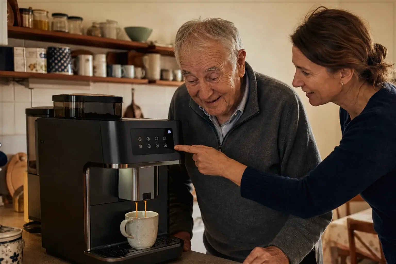 Eine erwachsene Tochter erklärt ihrem Vater verständlich die Bedienung eines Kaffeevollautomaten.