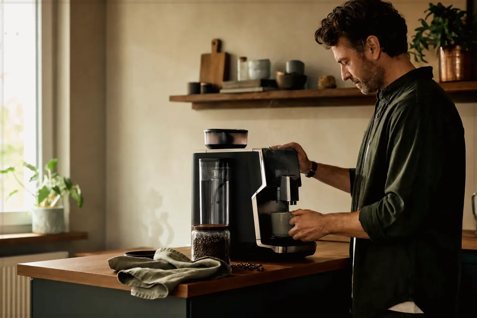Ein Mann bereitet morgens Kaffee an einem Vollautomaten in seiner Küche zu – gezeigt für Mit Milchsystem im Themenvergleich.
