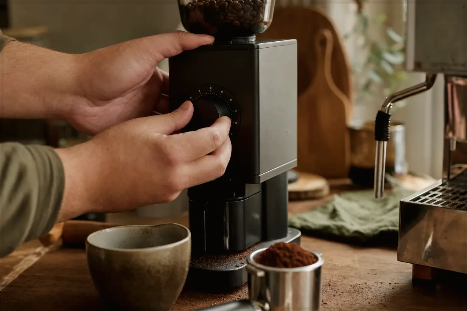 Zwei Hände stellen den Mahlgrad an einer Kaffeemühle neben einer Espressomaschine ein – gezeigt für Mit Milchsystem im Themenvergleich.