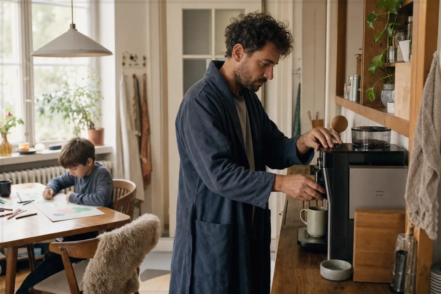 Ein Vater bereitet morgens Kaffee am Vollautomaten zu, während sein Kind am Küchentisch malt – gezeigt für Mit Milchsystem im Themenvergleich.