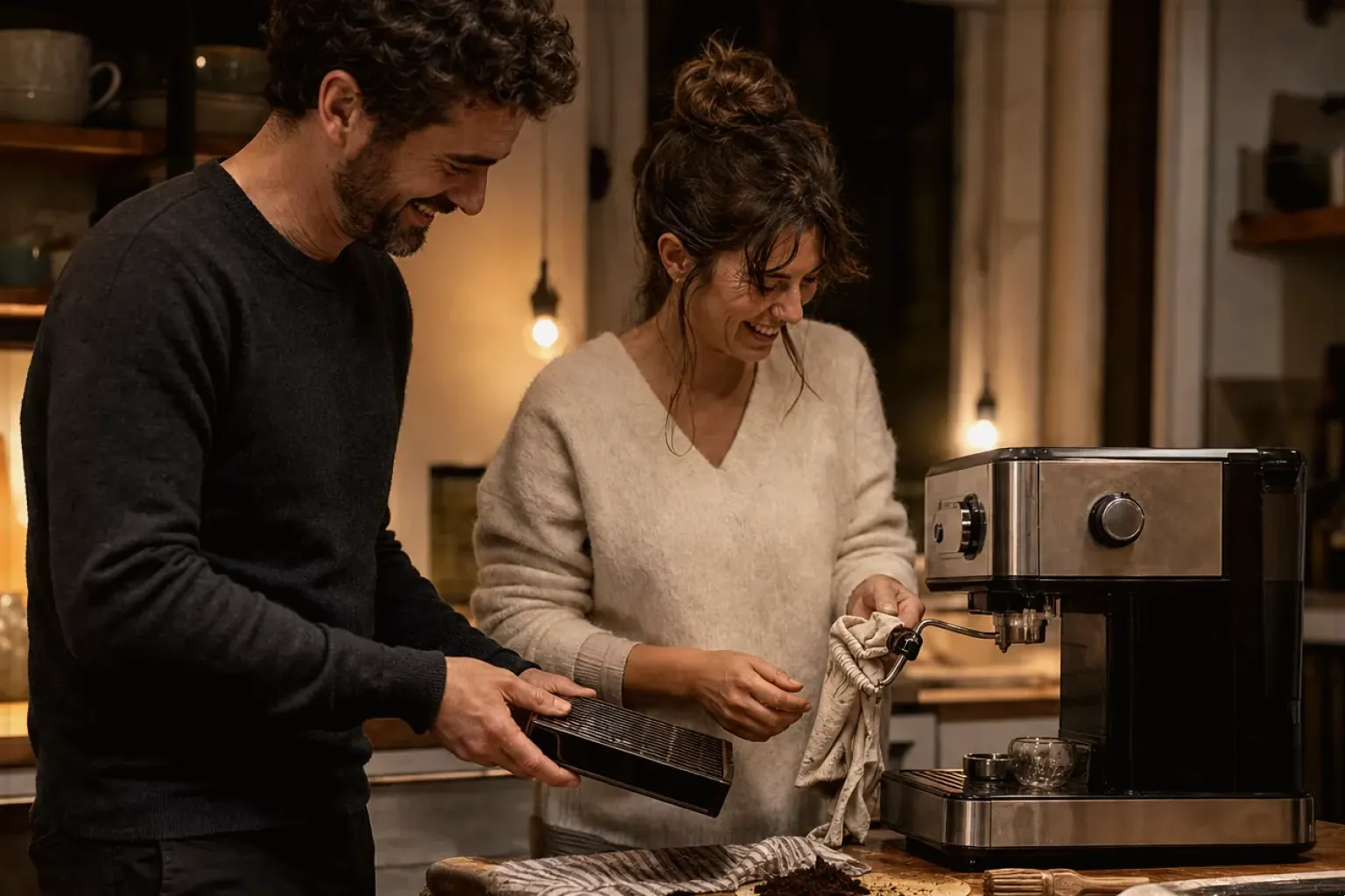 Ein Paar reinigt am Abend gemeinsam und gut gelaunt seine Espressomaschine in der Küche – gezeigt für Mit Milchsystem im Themenvergleich.