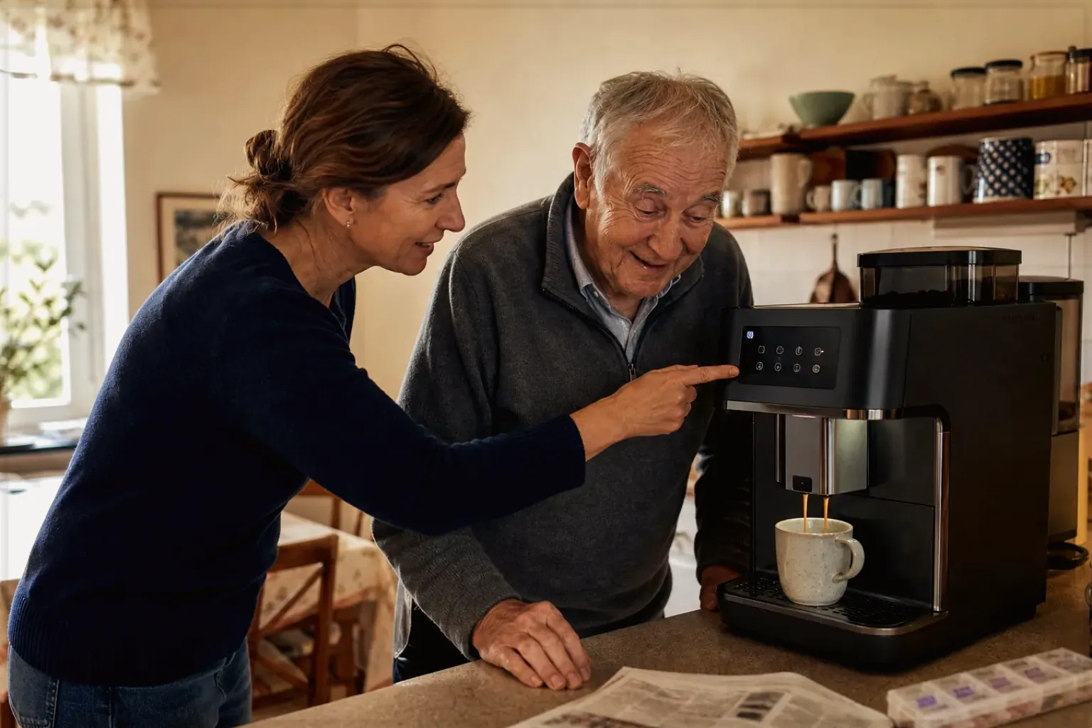 Eine erwachsene Tochter erklärt ihrem älteren Vater in seiner Küche einen Kaffeevollautomaten – gezeigt für Mit Milchsystem im Themenvergleich.