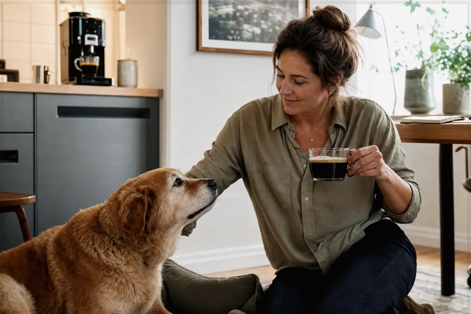 Eine Frau genießt im Homeoffice eine Kaffeepause bei ihrem älteren Hund – gezeigt für Mit Milchsystem im Themenvergleich.