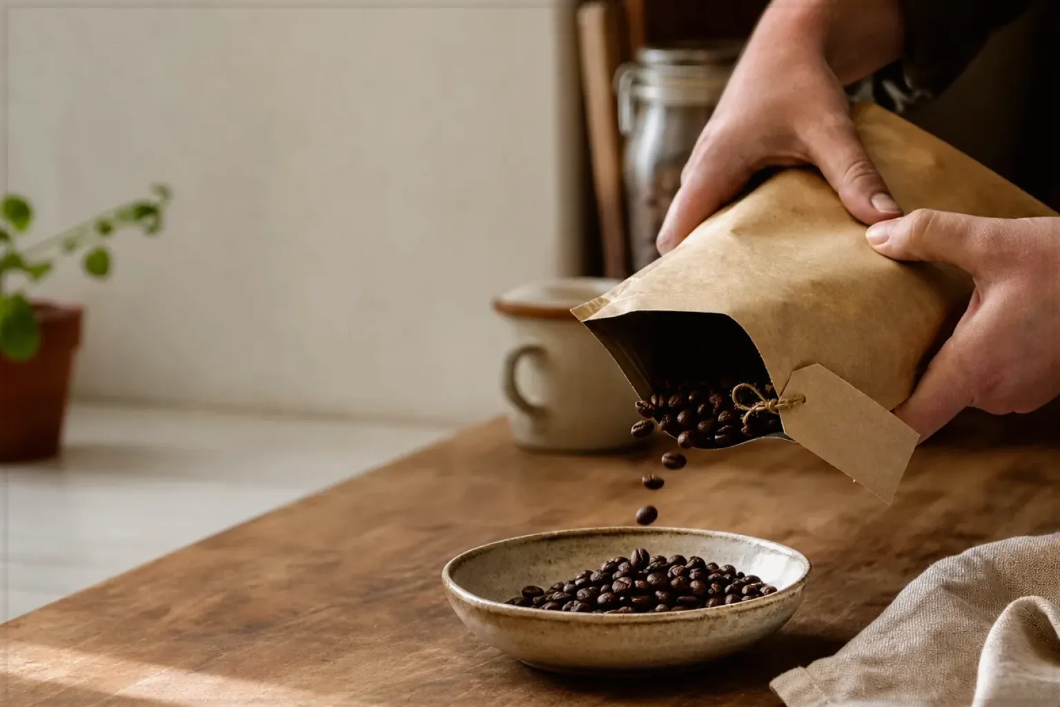 Hände füllen frisch geröstete Kaffeebohnen aus einer Papiertüte in eine Keramikschale – gezeigt für Mit Milchsystem im Themenvergleich.