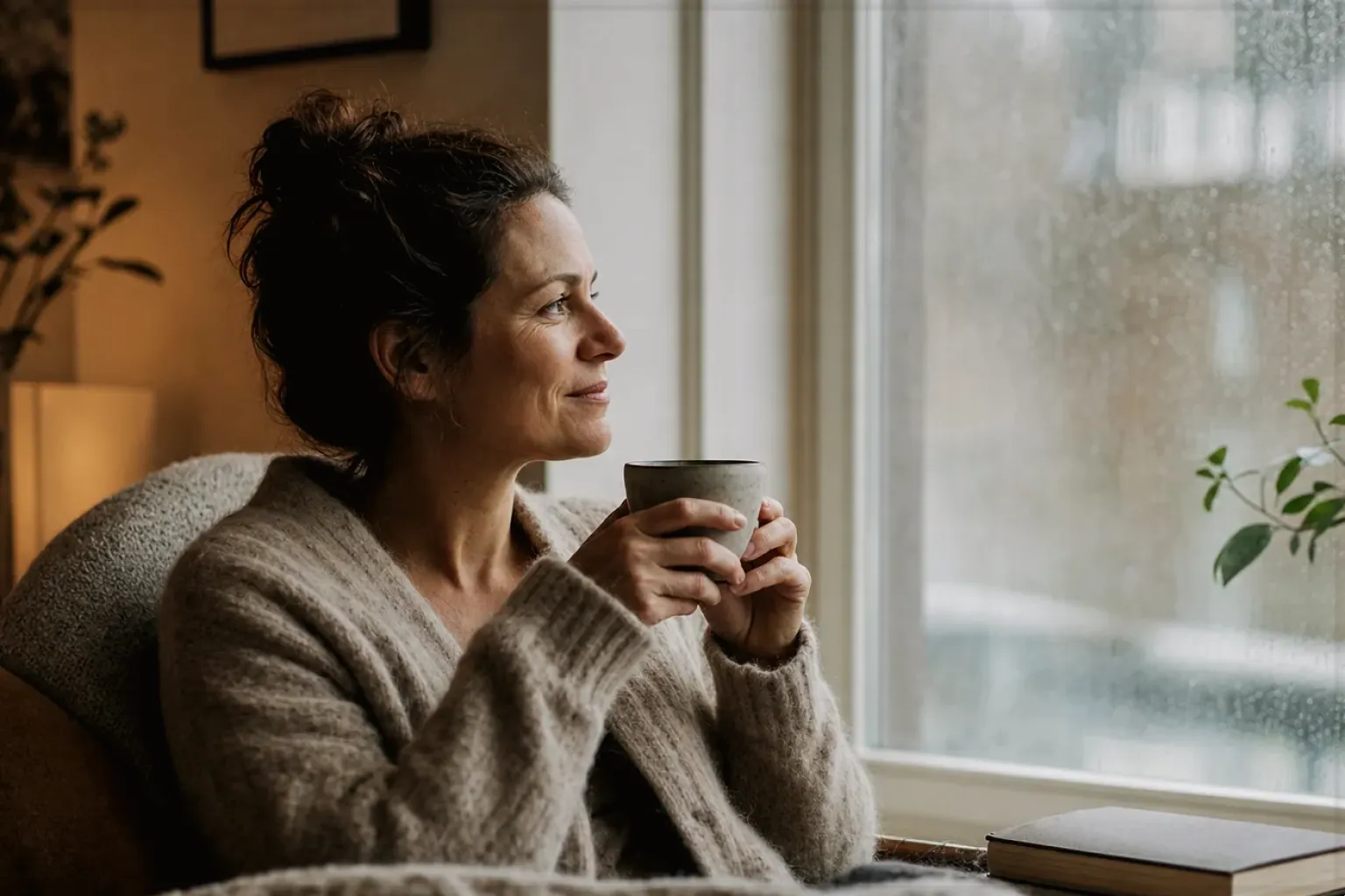 Eine Frau genießt an einem regnerischen Nachmittag ruhig eine Tasse Kaffee am Fenster – gezeigt für Mit Milchsystem im Themenvergleich.