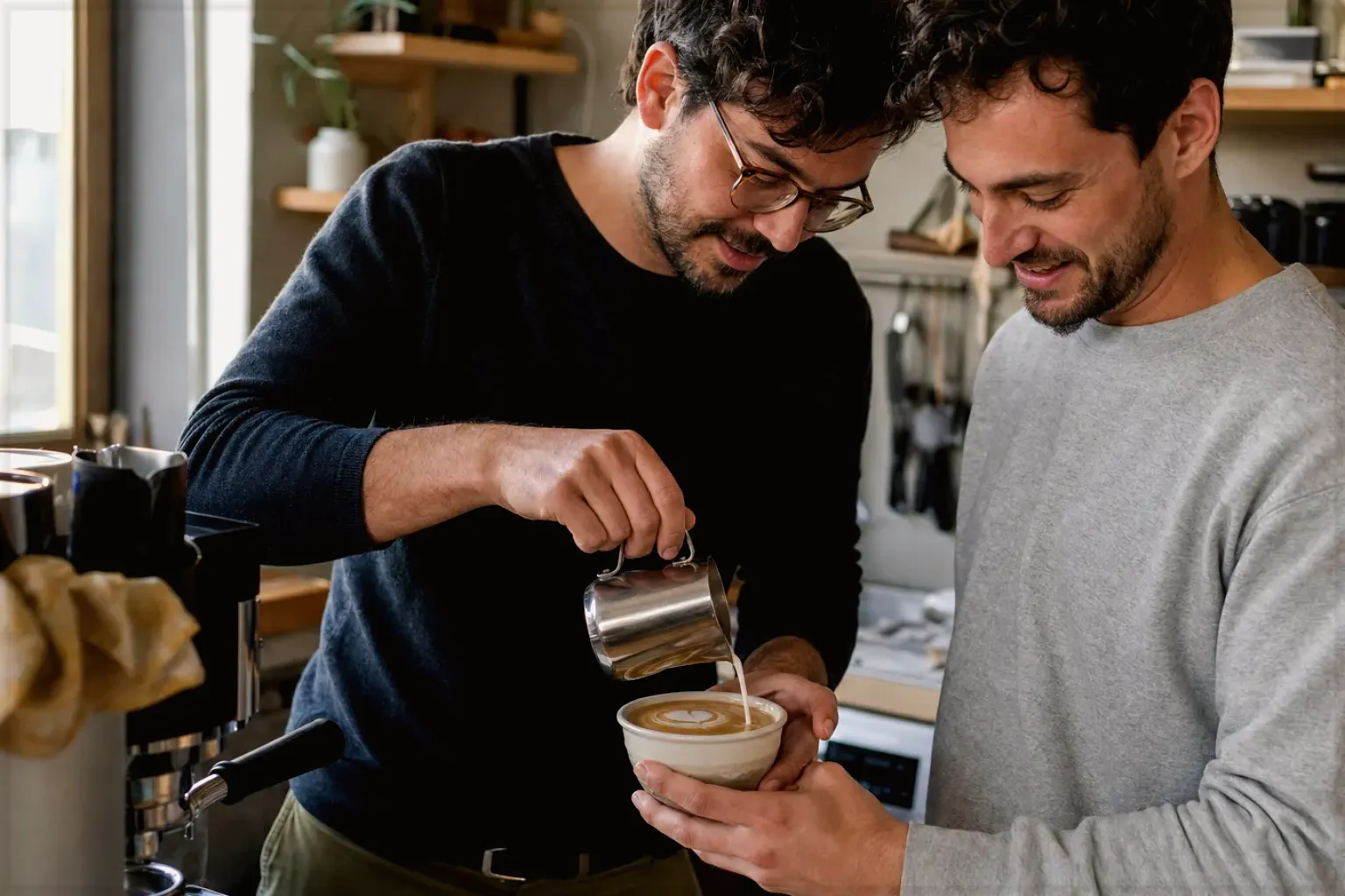 Zwei Freunde freuen sich in einer kleinen Küche über ihre gemeinsam gegossene Latte Art – gezeigt für Mit Milchsystem im Themenvergleich.