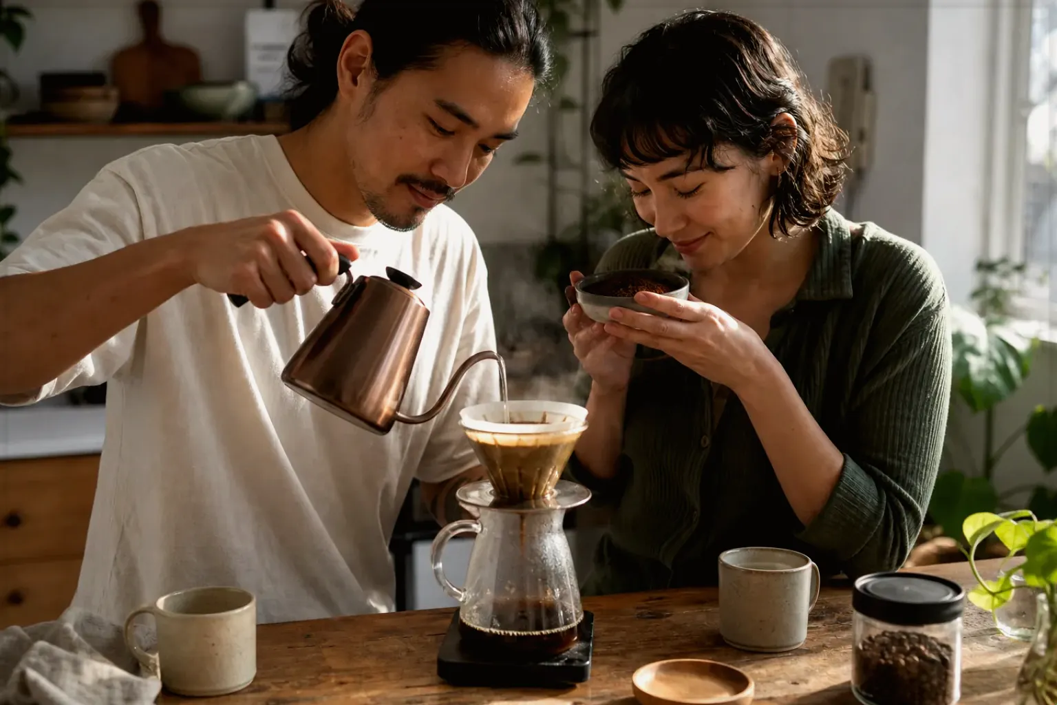 Zwei Menschen bereiten am Wochenende gemeinsam Filterkaffee mit einem Handfilter zu – gezeigt für Mit Milchsystem im Themenvergleich.