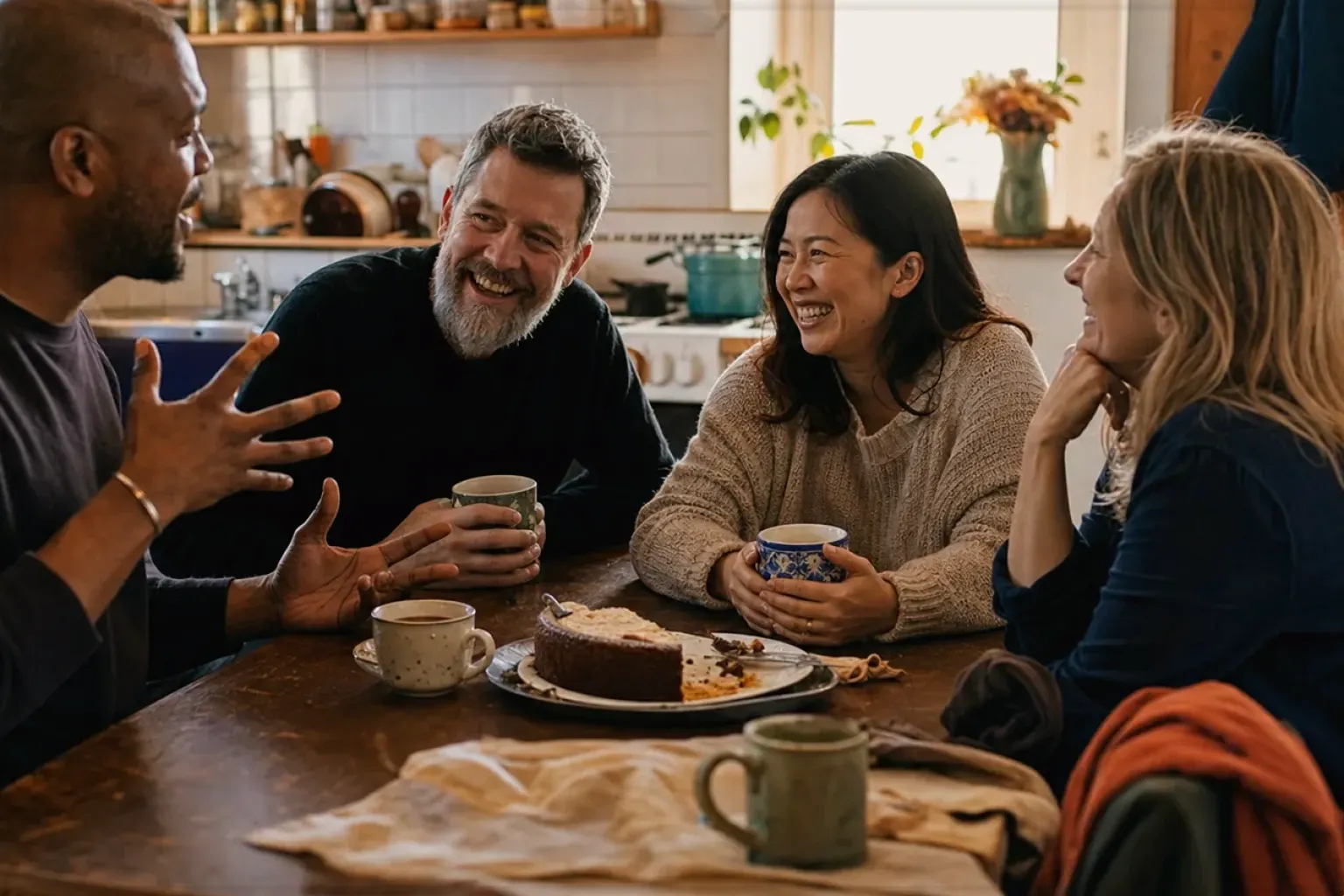 Vier erwachsene Freunde lachen gemeinsam bei Kaffee und selbst gebackenem Kuchen – gezeigt für Mit Milchsystem im Themenvergleich.
