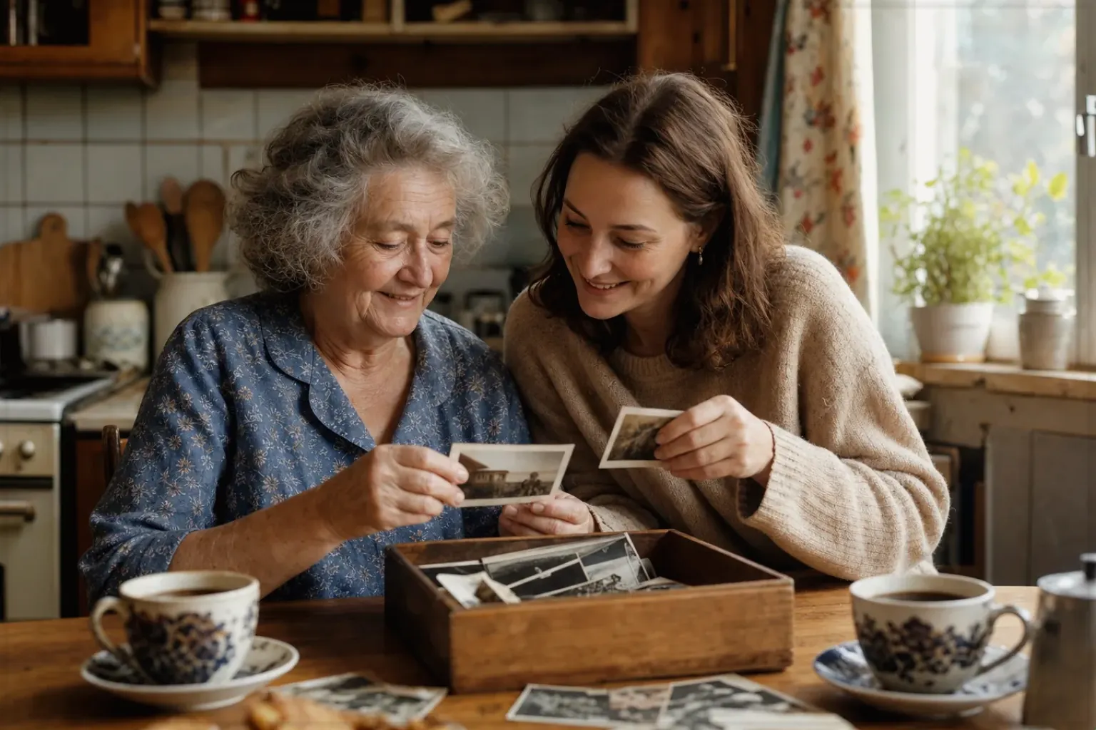 Eine ältere Frau und ihre erwachsene Enkelin betrachten bei Kaffee gemeinsam alte Familienfotos – gezeigt für Mit Milchsystem im Themenvergleich.