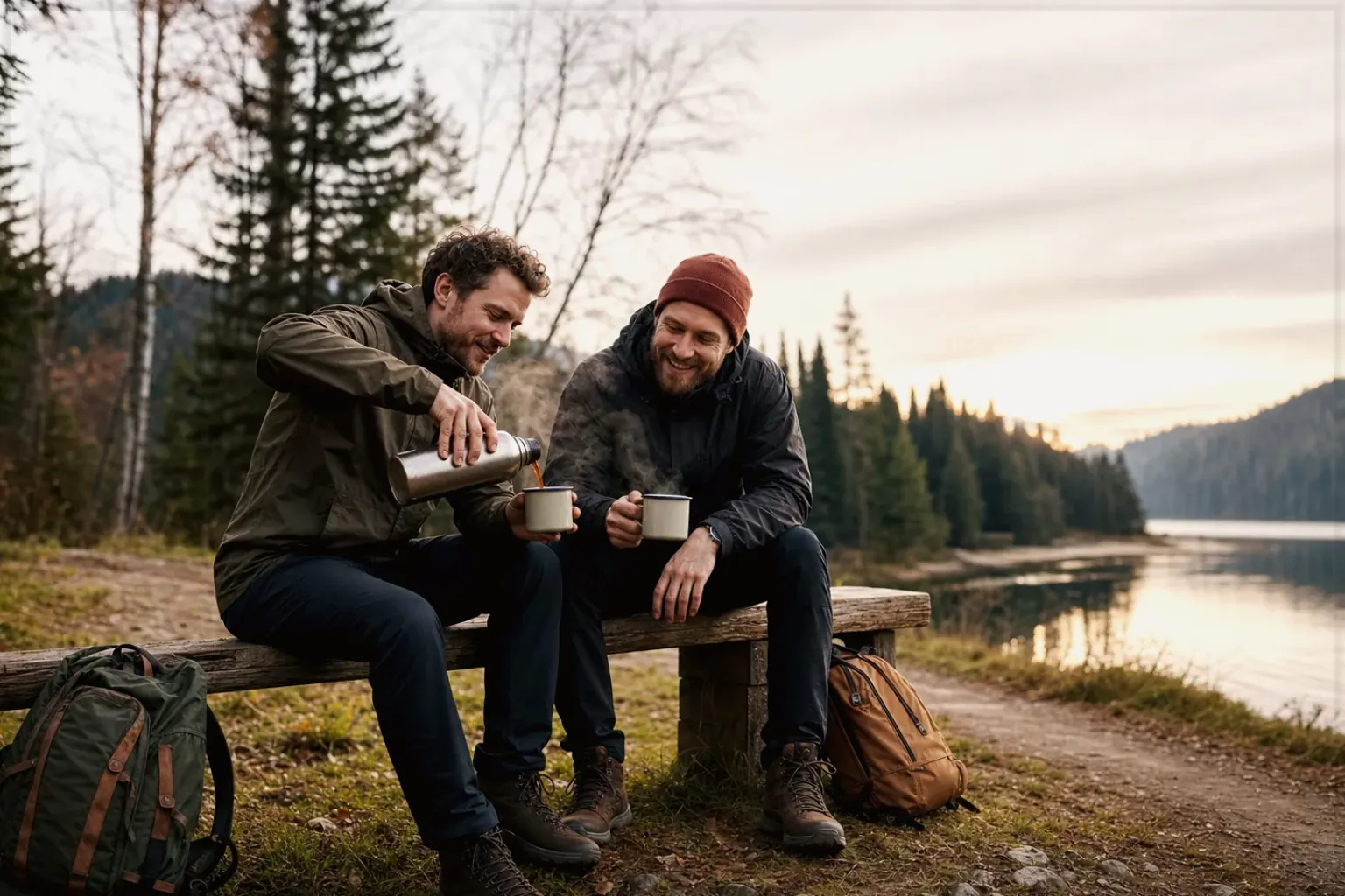 Zwei Freunde teilen auf einer Wanderung heißen Kaffee aus einer Thermoskanne am See – gezeigt für Mit Milchsystem im Themenvergleich.
