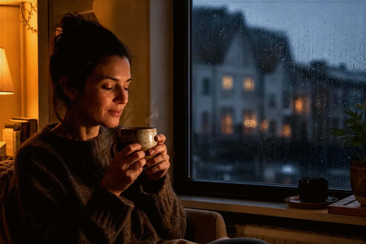 Eine Frau genießt an einem regnerischen Abend ruhig eine warme Tasse Kaffee am Fenster – gezeigt für Mit Milchsystem im Themenvergleich.
