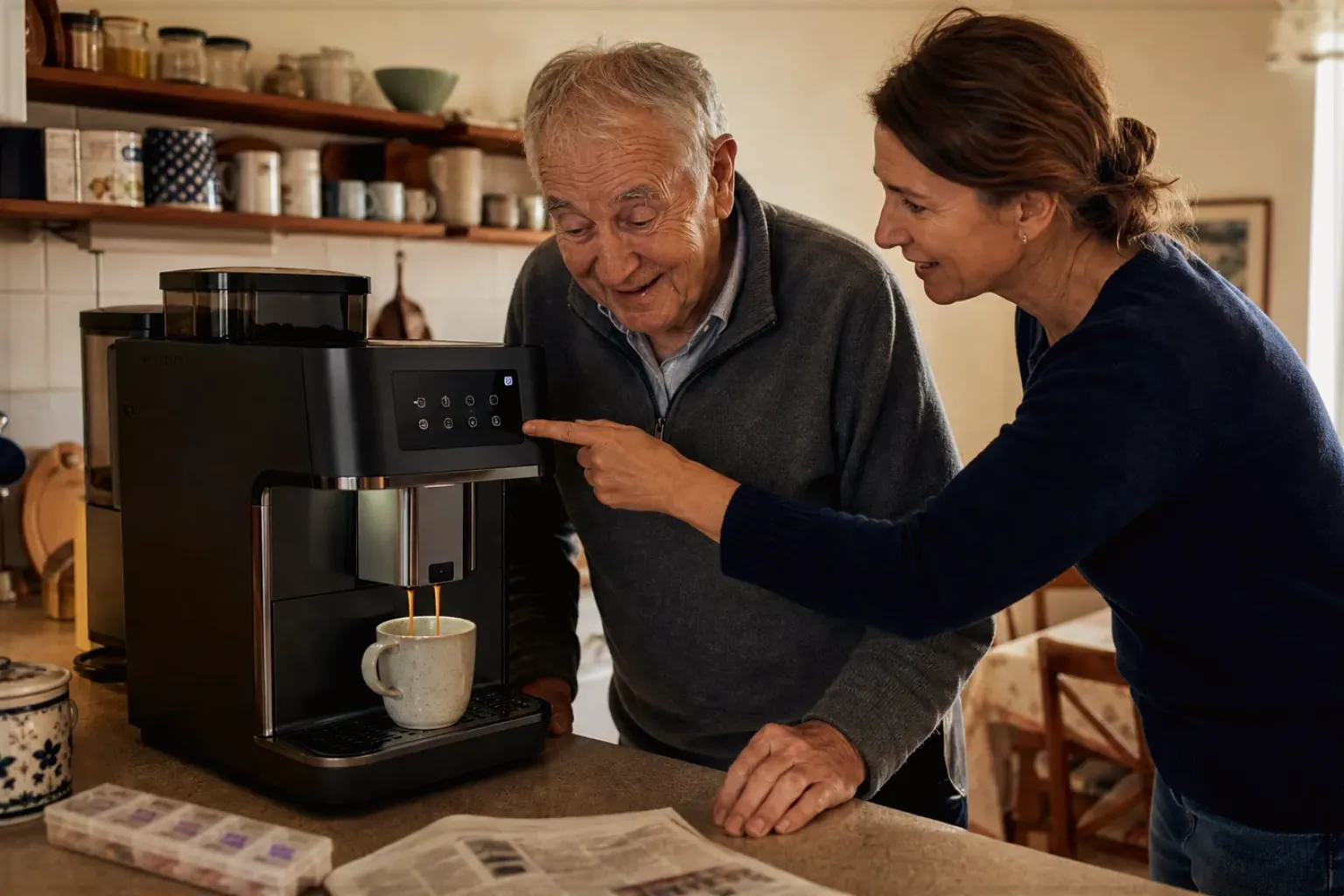 Eine erwachsene Tochter erklärt ihrem Vater verständlich die Bedienung eines Kaffeevollautomaten.