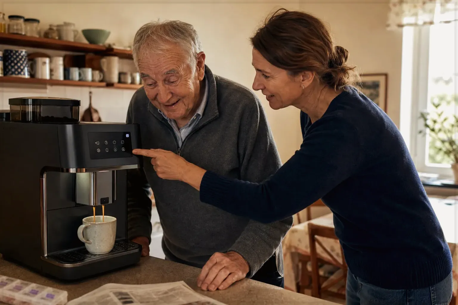 Eine erwachsene Tochter erklärt ihrem Vater verständlich die Bedienung eines Kaffeevollautomaten.