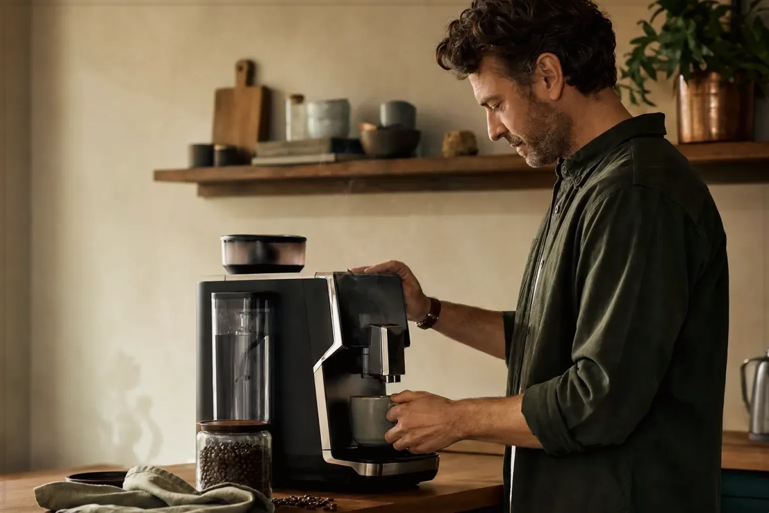 Ein Mann bereitet morgens Kaffee an einem Vollautomaten in seiner Küche zu – gezeigt für Kapselmaschinen im Themenvergleich.