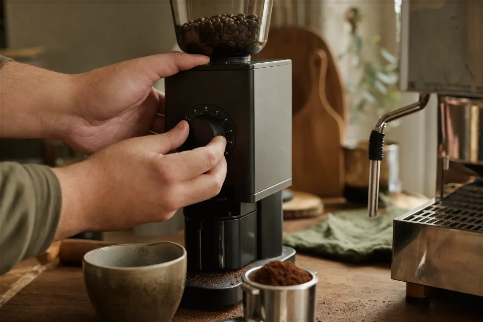 Zwei Hände stellen den Mahlgrad an einer Kaffeemühle neben einer Espressomaschine ein – gezeigt für Kapselmaschinen im Themenvergleich.
