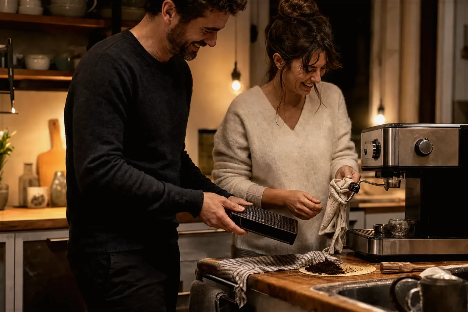 Ein Paar reinigt am Abend gemeinsam und gut gelaunt seine Espressomaschine in der Küche – gezeigt für Kapselmaschinen im Themenvergleich.