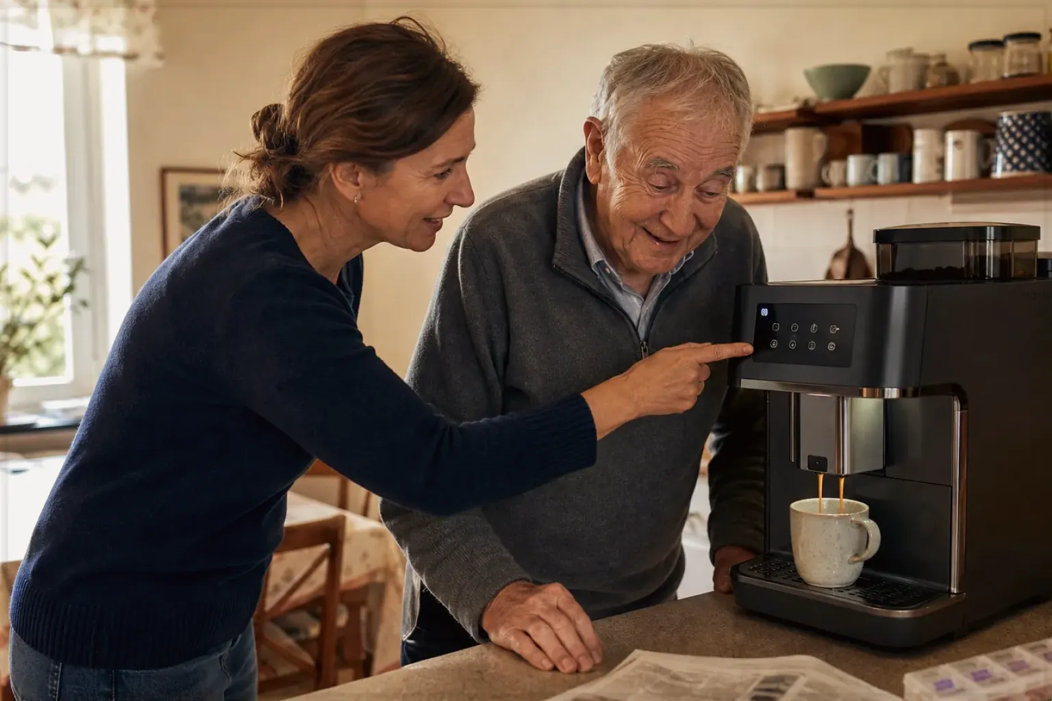 Eine erwachsene Tochter erklärt ihrem älteren Vater in seiner Küche einen Kaffeevollautomaten – gezeigt für Kapselmaschinen im Themenvergleich.