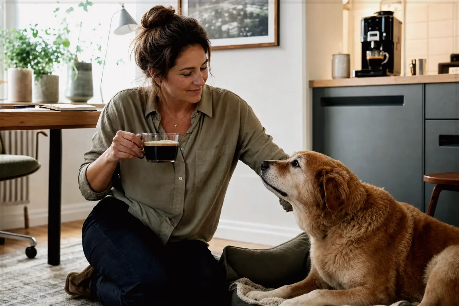 Eine Frau genießt im Homeoffice eine Kaffeepause bei ihrem älteren Hund – gezeigt für Kapselmaschinen im Themenvergleich.