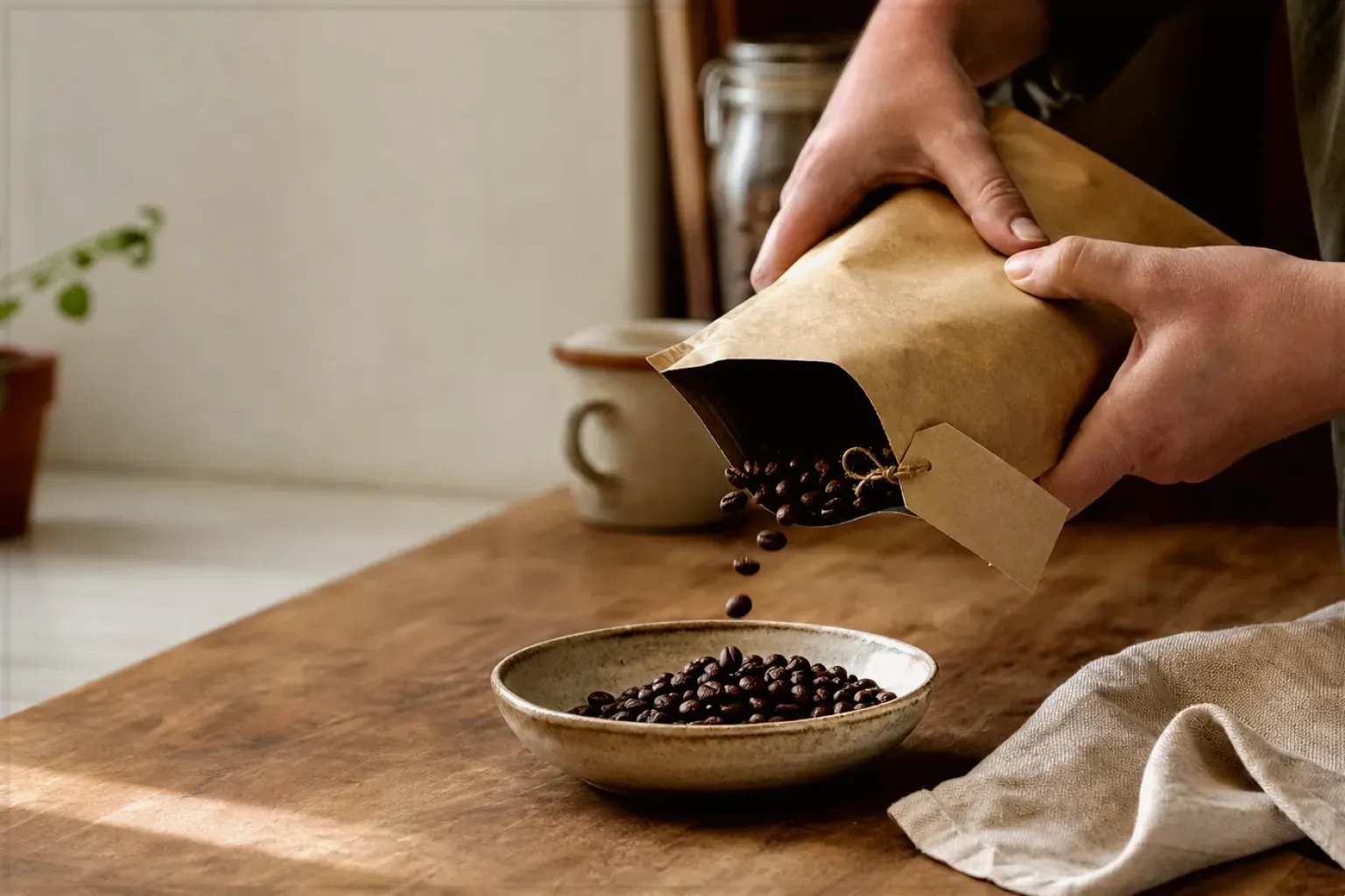 Hände füllen frisch geröstete Kaffeebohnen aus einer Papiertüte in eine Keramikschale – gezeigt für Kapselmaschinen im Themenvergleich.