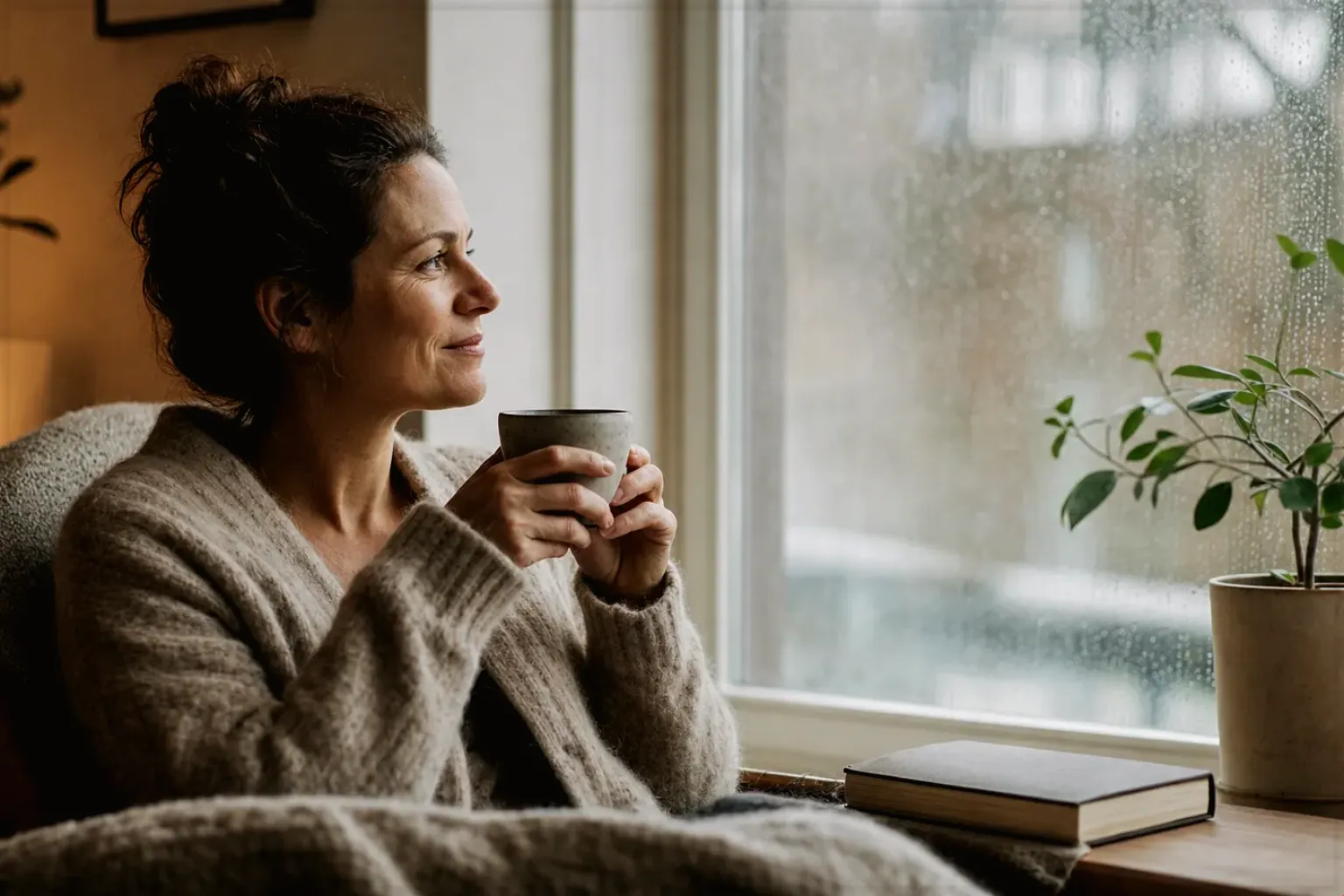 Eine Frau genießt an einem regnerischen Nachmittag ruhig eine Tasse Kaffee am Fenster – gezeigt für Kapselmaschinen im Themenvergleich.