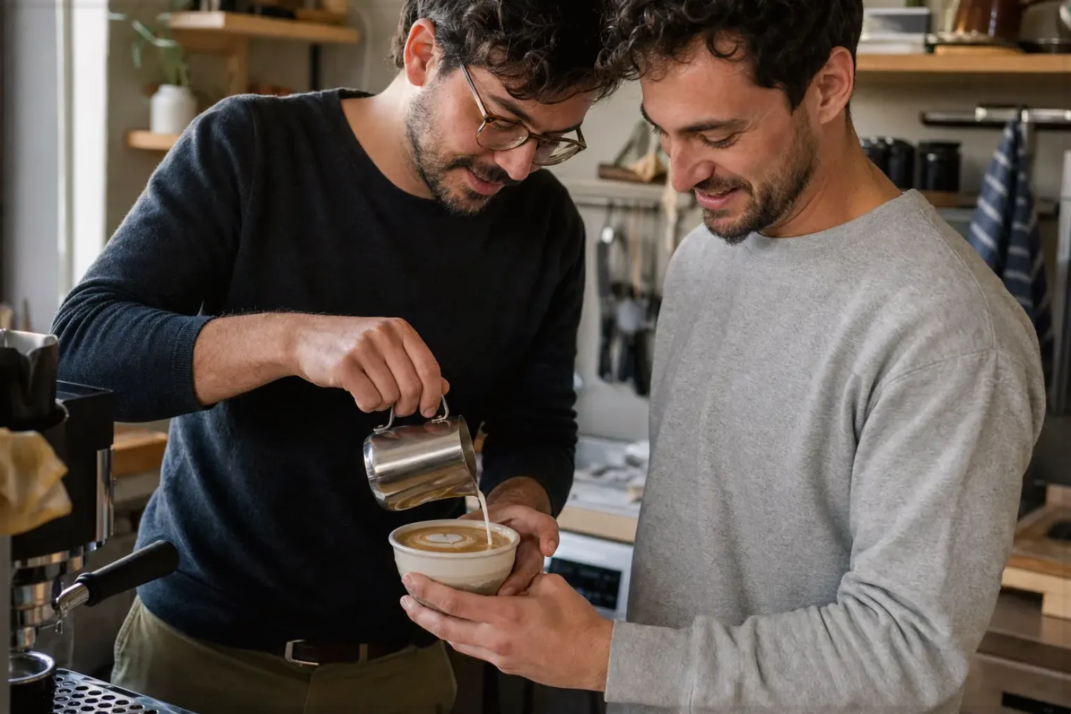 Zwei Freunde freuen sich in einer kleinen Küche über ihre gemeinsam gegossene Latte Art – gezeigt für Kapselmaschinen im Themenvergleich.