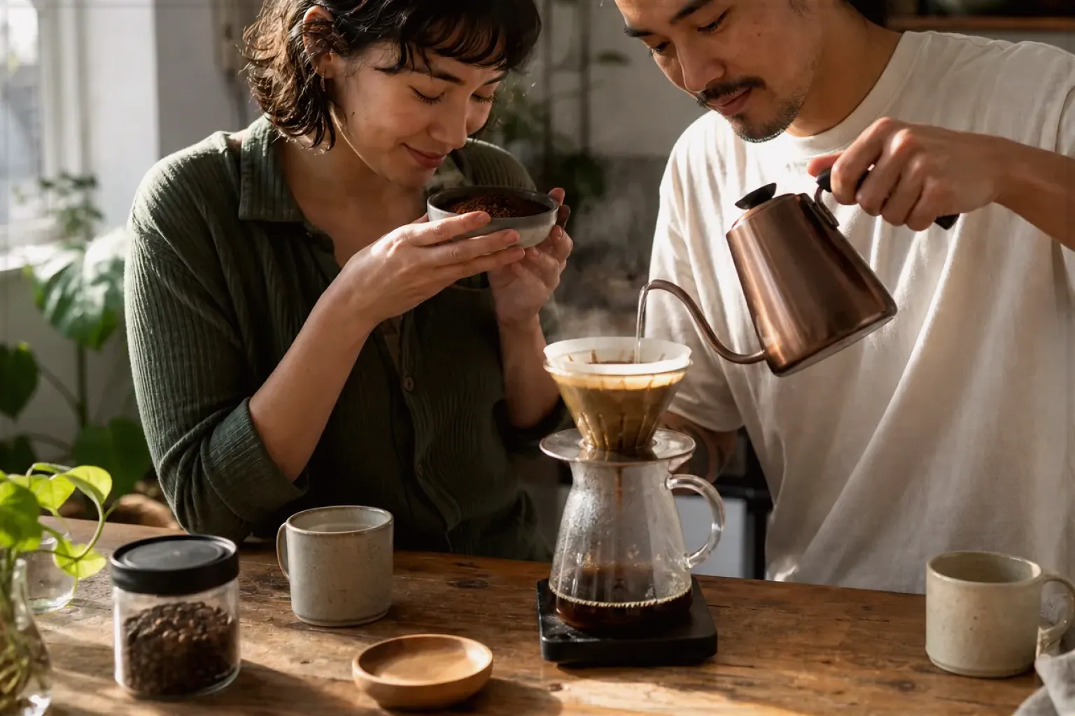 Zwei Menschen bereiten am Wochenende gemeinsam Filterkaffee mit einem Handfilter zu – gezeigt für Kapselmaschinen im Themenvergleich.