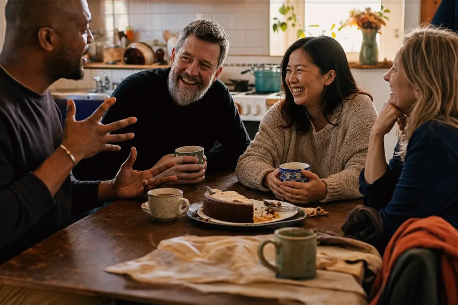 Vier erwachsene Freunde lachen gemeinsam bei Kaffee und selbst gebackenem Kuchen – gezeigt für Kapselmaschinen im Themenvergleich.