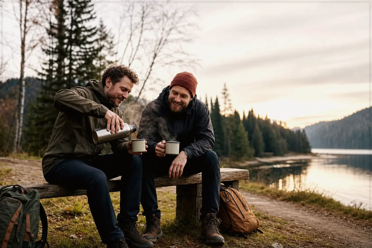 Zwei Freunde teilen auf einer Wanderung heißen Kaffee aus einer Thermoskanne am See – gezeigt für Kapselmaschinen im Themenvergleich.