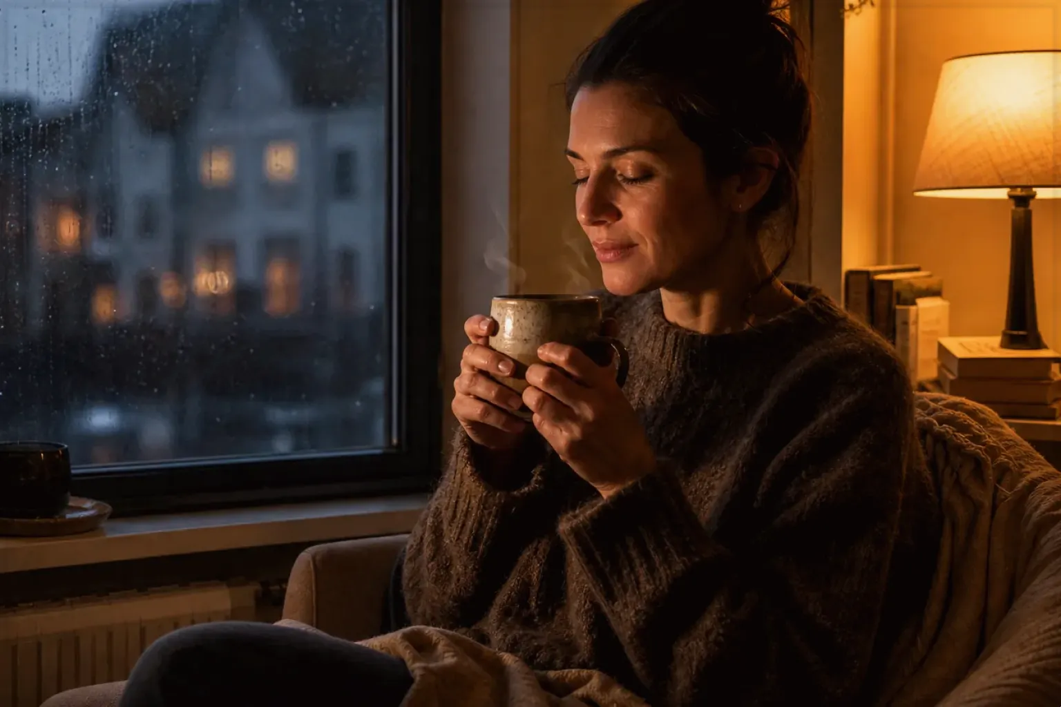 Eine Frau genießt an einem regnerischen Abend ruhig eine warme Tasse Kaffee am Fenster – gezeigt für Kapselmaschinen im Themenvergleich.