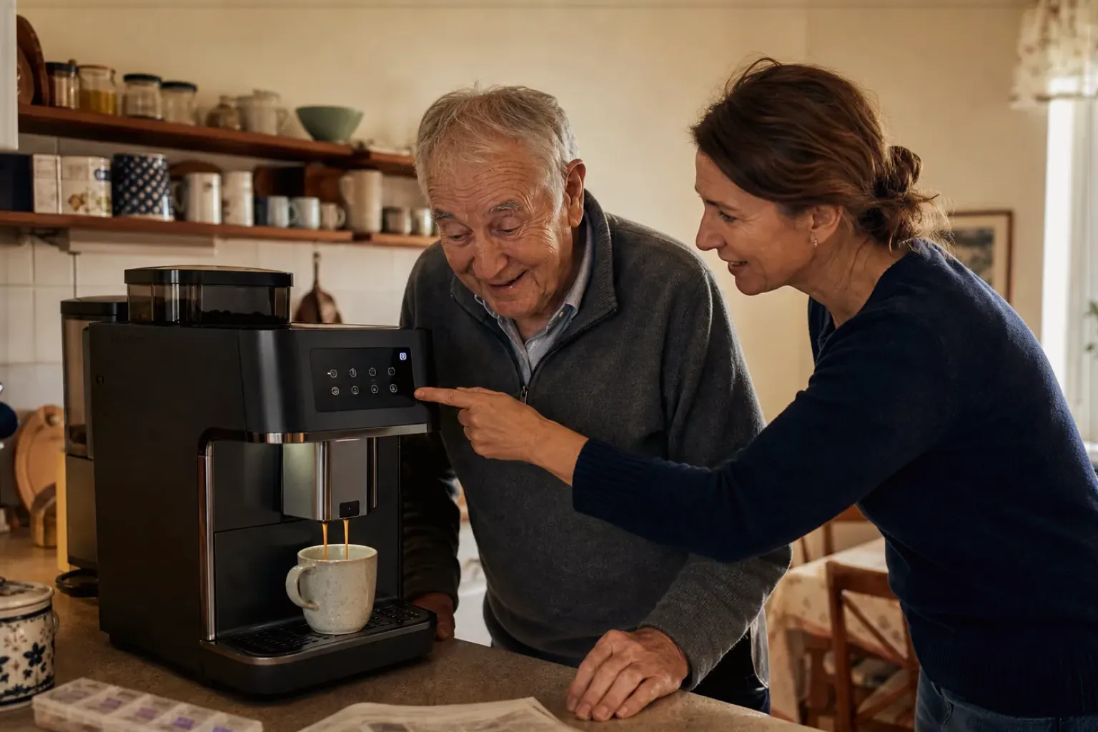 Eine erwachsene Tochter erklärt ihrem Vater verständlich die Bedienung eines Kaffeevollautomaten.