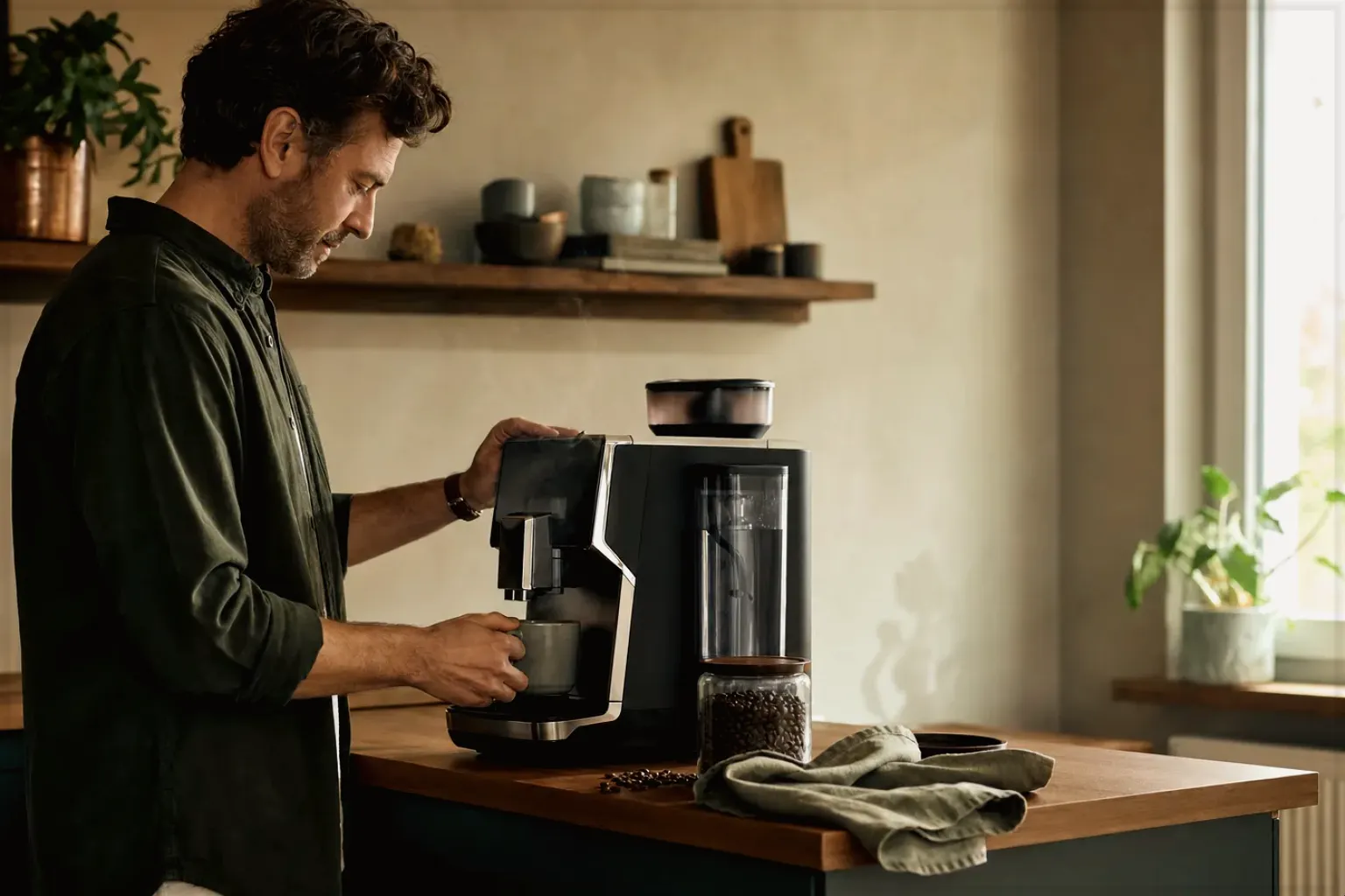 Ein Mann bereitet morgens Kaffee an einem Vollautomaten in seiner Küche zu – gezeigt für Kleine Vollautomaten im Themenvergleich.