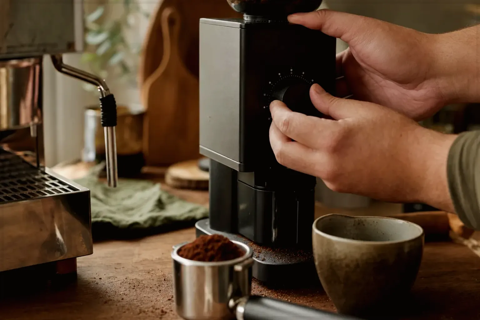 Zwei Hände stellen den Mahlgrad an einer Kaffeemühle neben einer Espressomaschine ein – gezeigt für Kleine Vollautomaten im Themenvergleich.