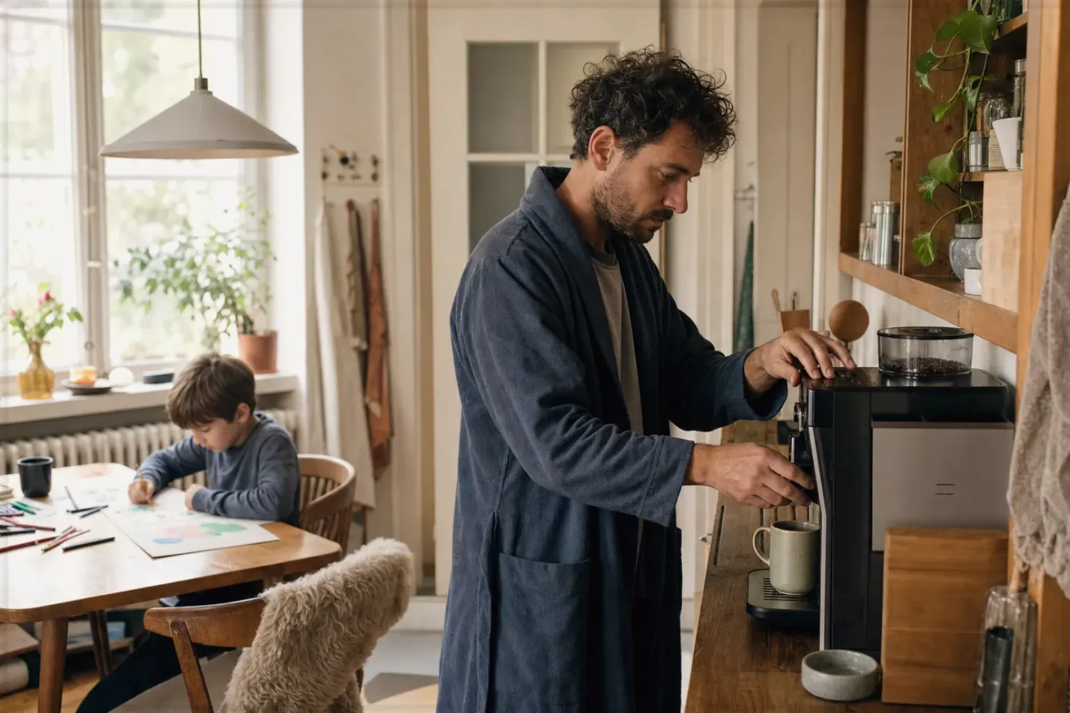 Ein Vater bereitet morgens Kaffee am Vollautomaten zu, während sein Kind am Küchentisch malt – gezeigt für Kleine Vollautomaten im Themenvergleich.