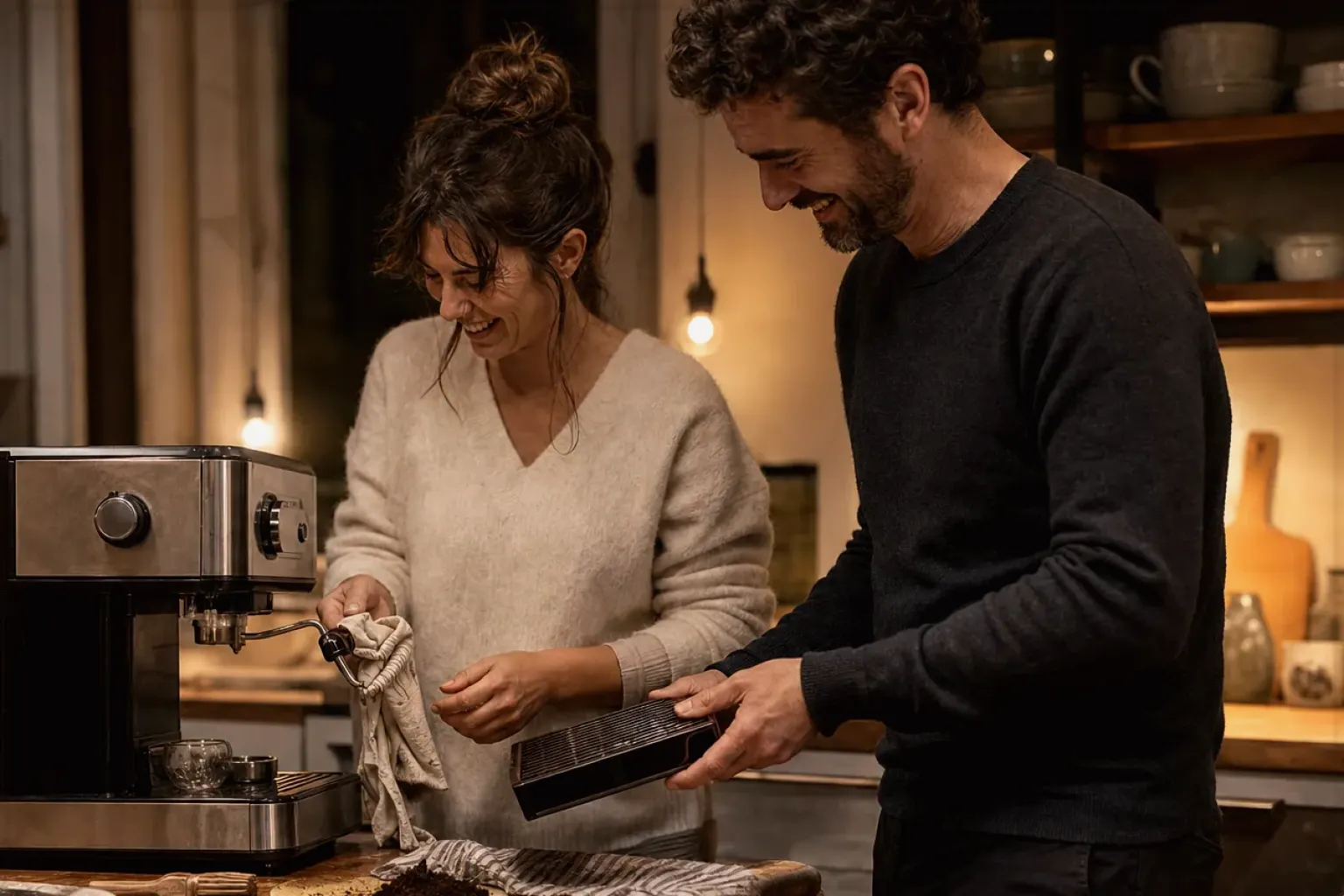 Ein Paar reinigt am Abend gemeinsam und gut gelaunt seine Espressomaschine in der Küche – gezeigt für Kleine Vollautomaten im Themenvergleich.