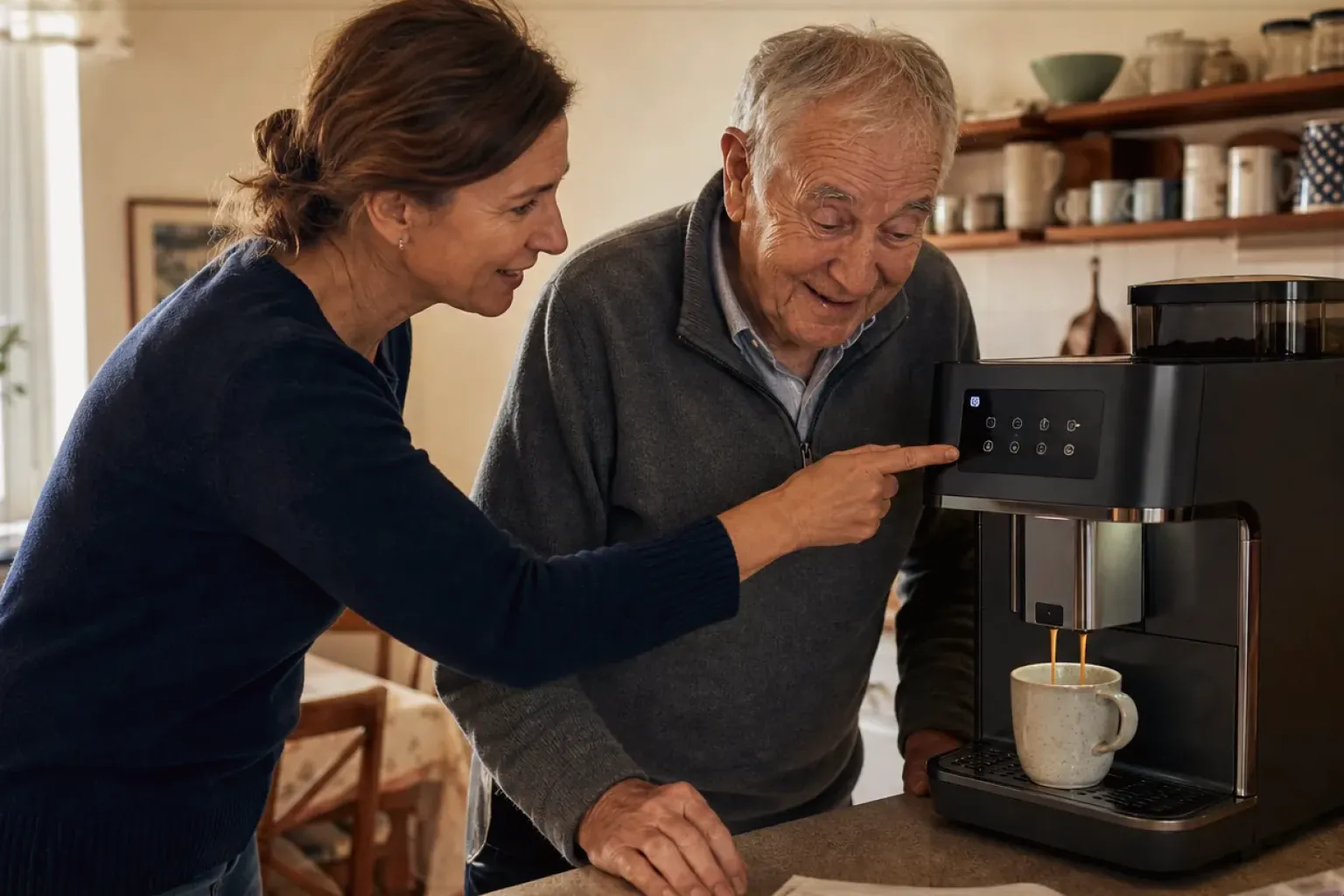 Eine erwachsene Tochter erklärt ihrem älteren Vater in seiner Küche einen Kaffeevollautomaten – gezeigt für Kleine Vollautomaten im Themenvergleich.