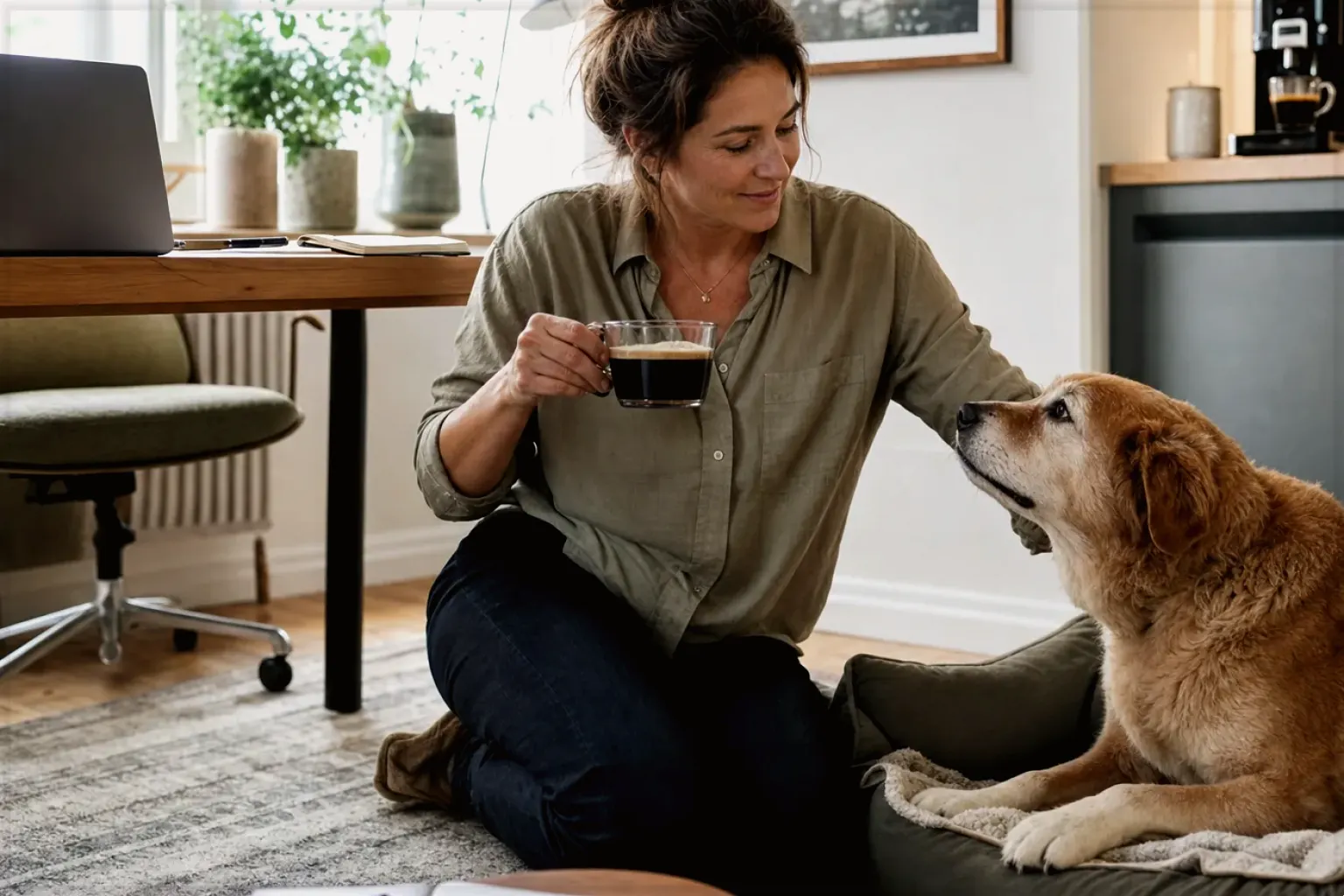 Eine Frau genießt im Homeoffice eine Kaffeepause bei ihrem älteren Hund – gezeigt für Kleine Vollautomaten im Themenvergleich.