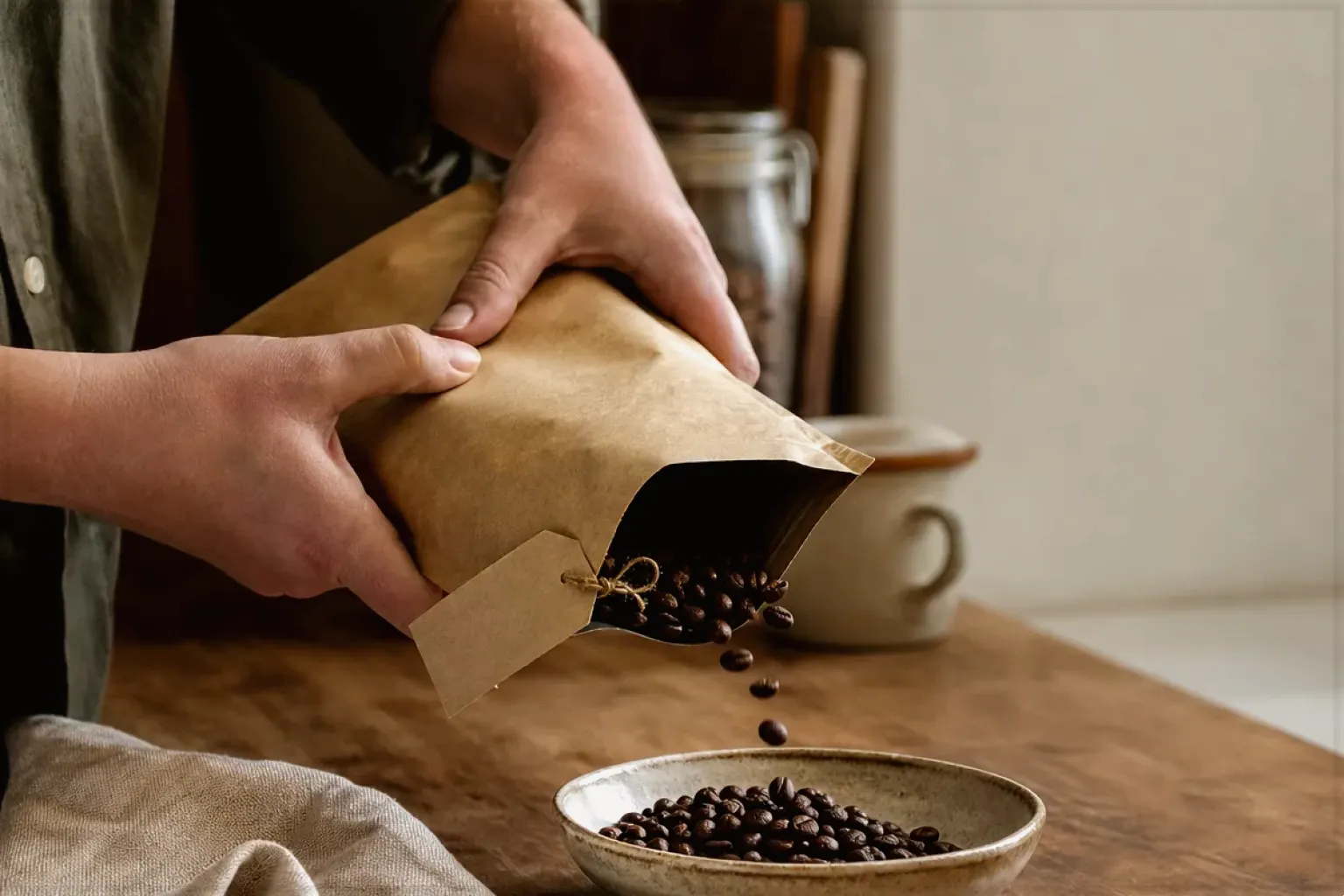 Hände füllen frisch geröstete Kaffeebohnen aus einer Papiertüte in eine Keramikschale – gezeigt für Kleine Vollautomaten im Themenvergleich.