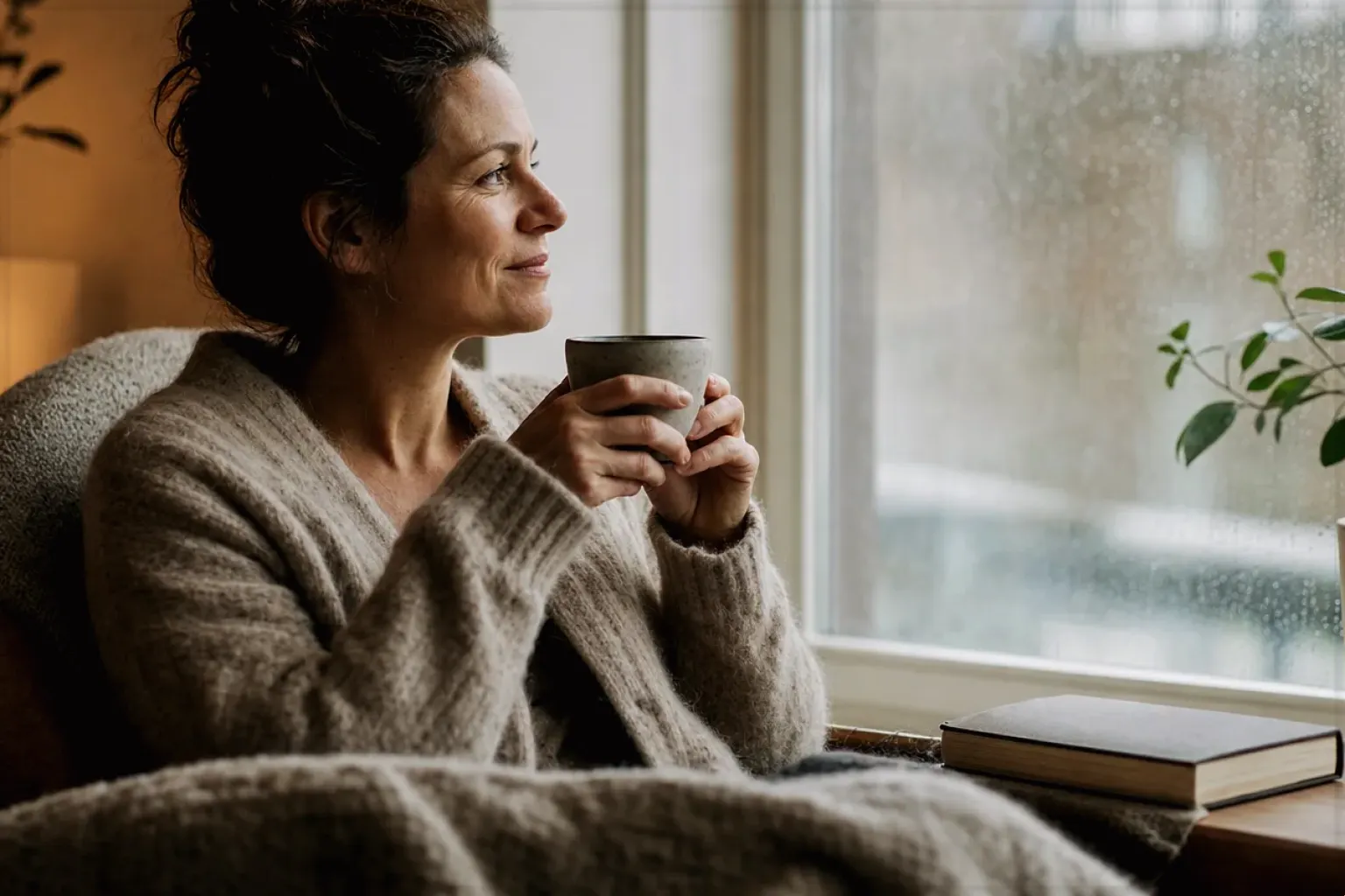 Eine Frau genießt an einem regnerischen Nachmittag ruhig eine Tasse Kaffee am Fenster – gezeigt für Kleine Vollautomaten im Themenvergleich.