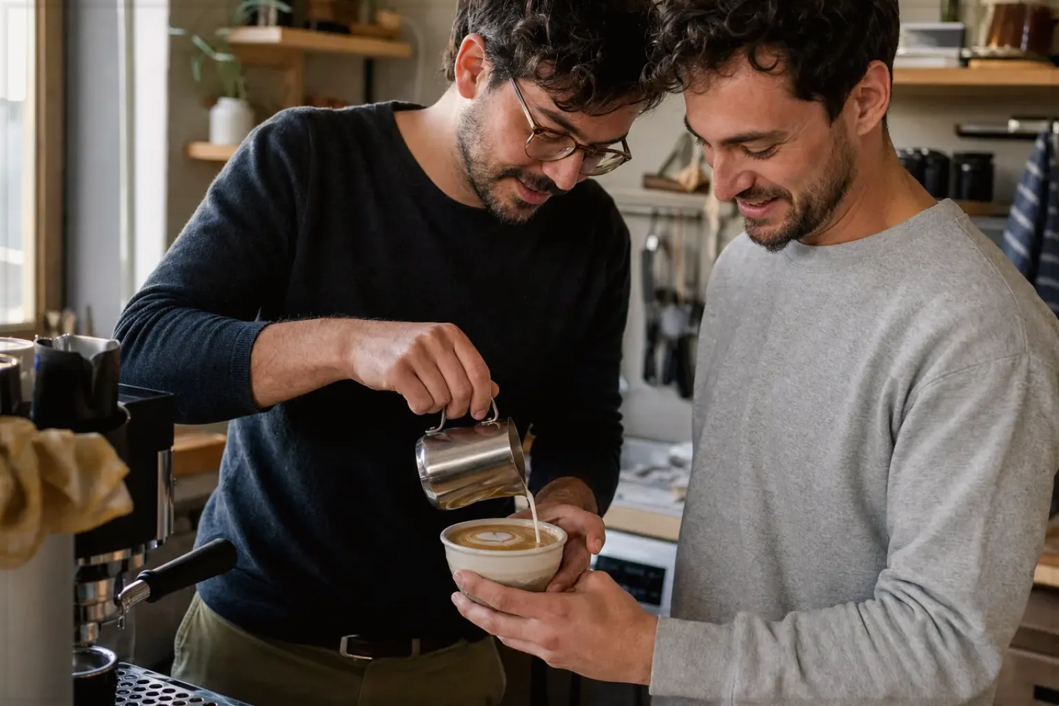 Zwei Freunde freuen sich in einer kleinen Küche über ihre gemeinsam gegossene Latte Art – gezeigt für Kleine Vollautomaten im Themenvergleich.