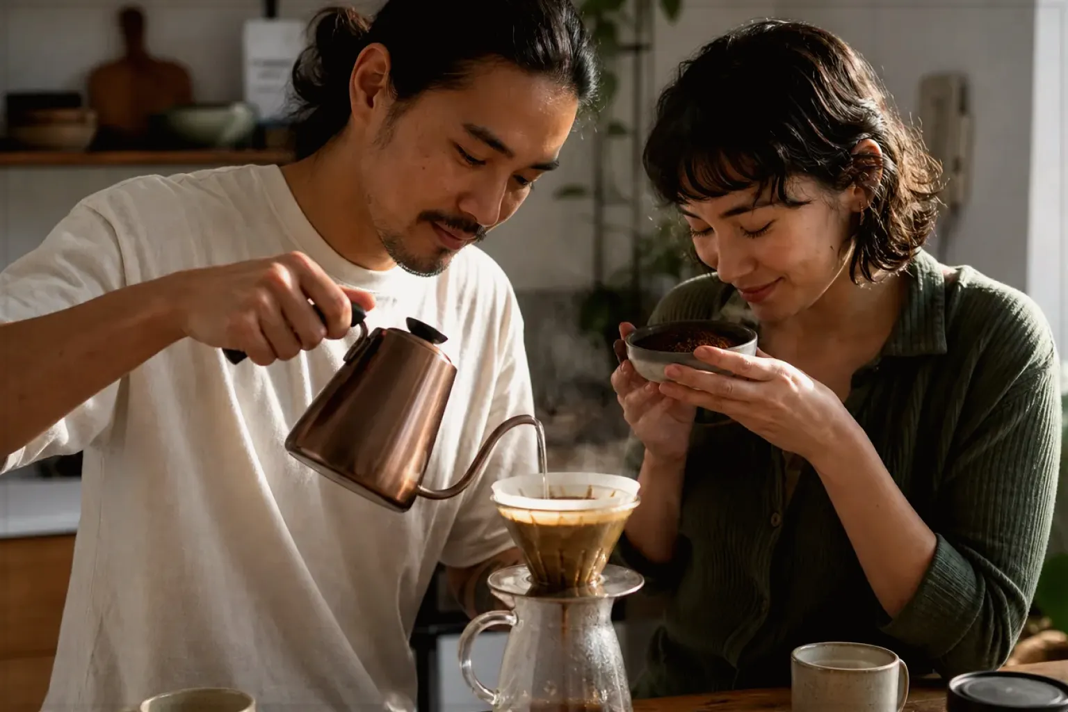 Zwei Menschen bereiten am Wochenende gemeinsam Filterkaffee mit einem Handfilter zu – gezeigt für Kleine Vollautomaten im Themenvergleich.