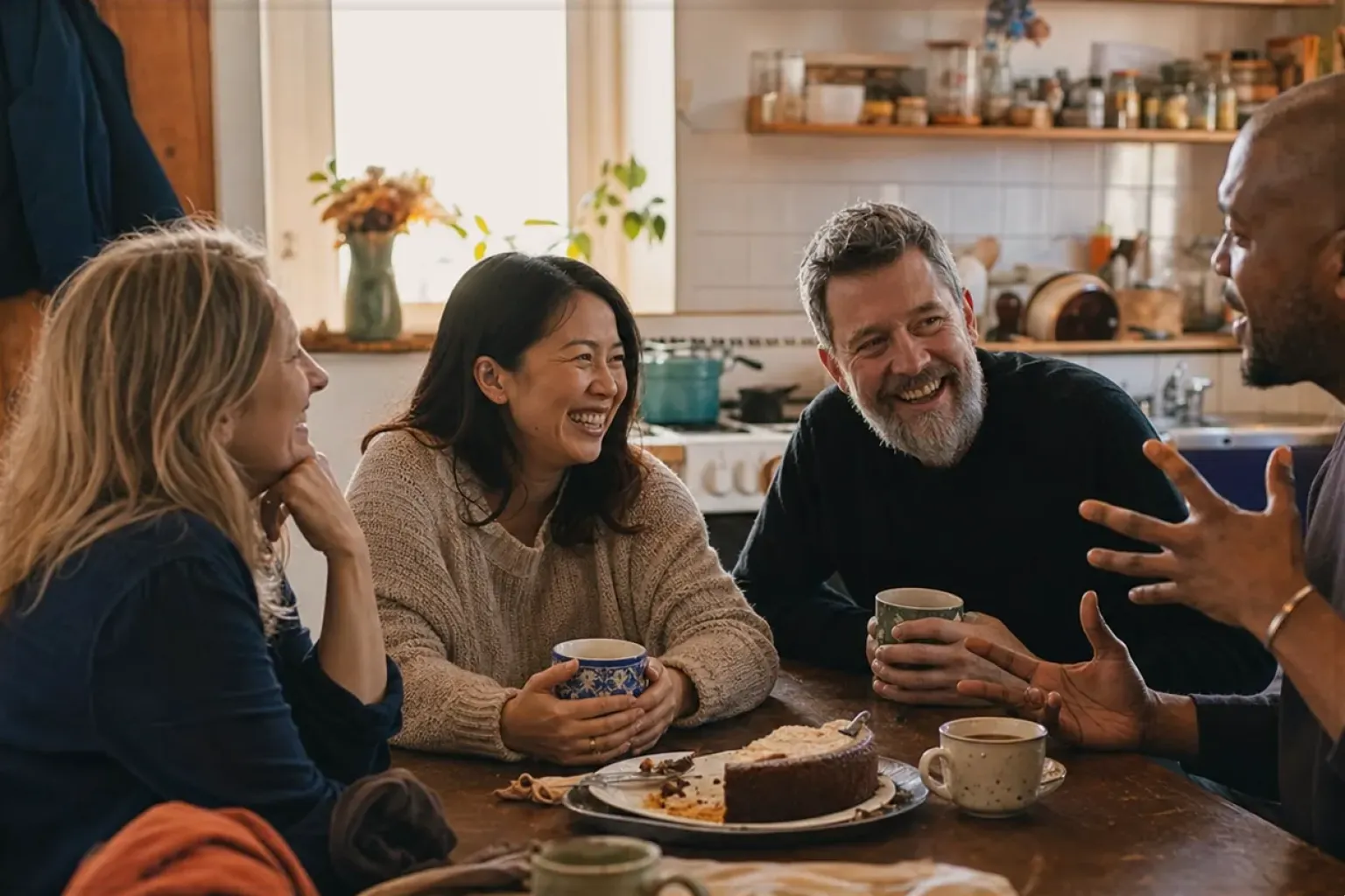Vier erwachsene Freunde lachen gemeinsam bei Kaffee und selbst gebackenem Kuchen – gezeigt für Kleine Vollautomaten im Themenvergleich.