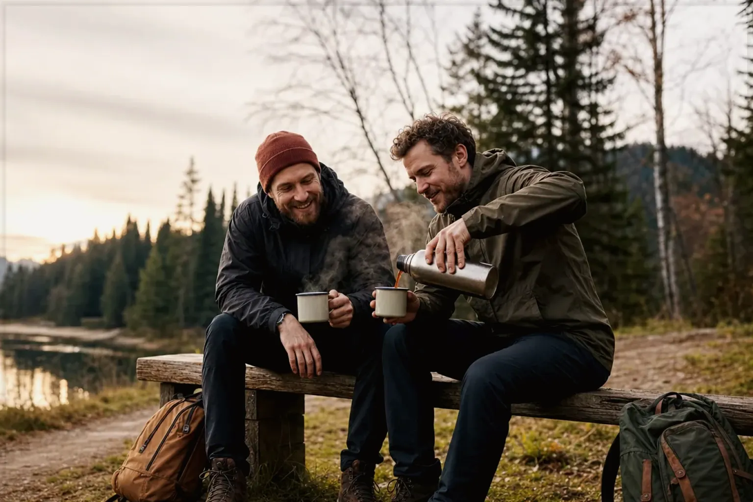 Zwei Freunde teilen auf einer Wanderung heißen Kaffee aus einer Thermoskanne am See – gezeigt für Kleine Vollautomaten im Themenvergleich.