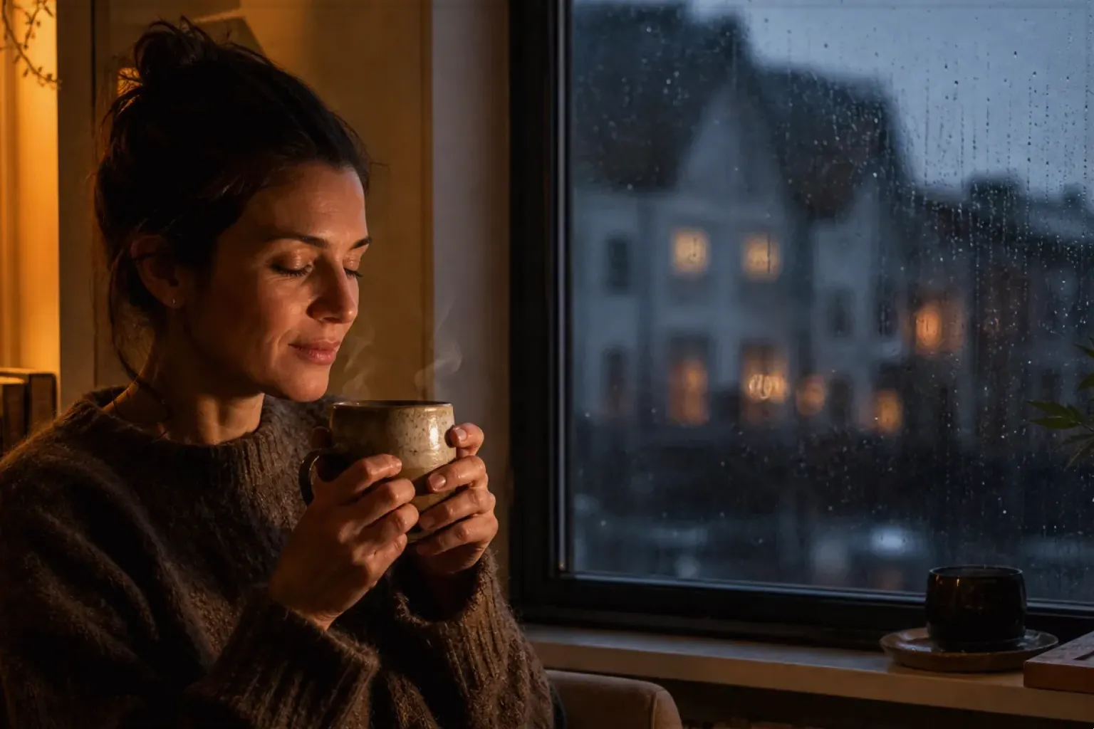 Eine Frau genießt an einem regnerischen Abend ruhig eine warme Tasse Kaffee am Fenster – gezeigt für Kleine Vollautomaten im Themenvergleich.